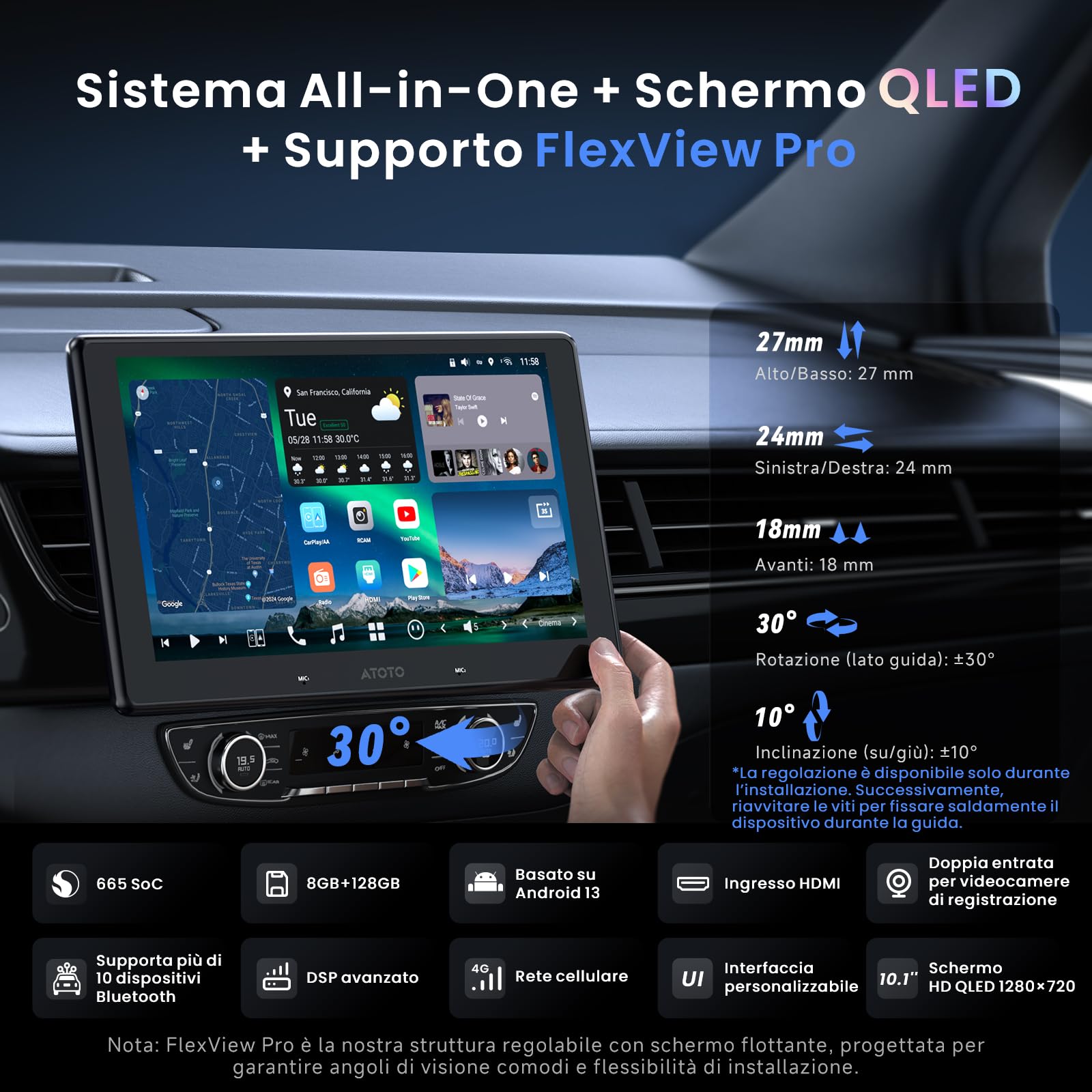 ATOTOZONE X10 10" Autoradio Android, Schermo Flottante, 1 DIN / 2 DIN, AI Agent & AI Vision, LiveView Re-moto, Sorveglianza Parcheggio, 4G LTE, 8G+128G, Audio 7.1.2 ch,CarPlay & Android Auto Wireless
