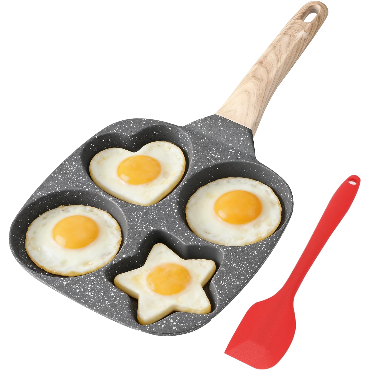 4 Mulden Eierpfanne, Antihaft Frühstückspfanne mit Silikonpinsel und Pfannenwender, runde Herz und Sternformen für Eier Speck Pfannkuchen, wärmeisolierter Griff, für Gas Elektro und Induktion