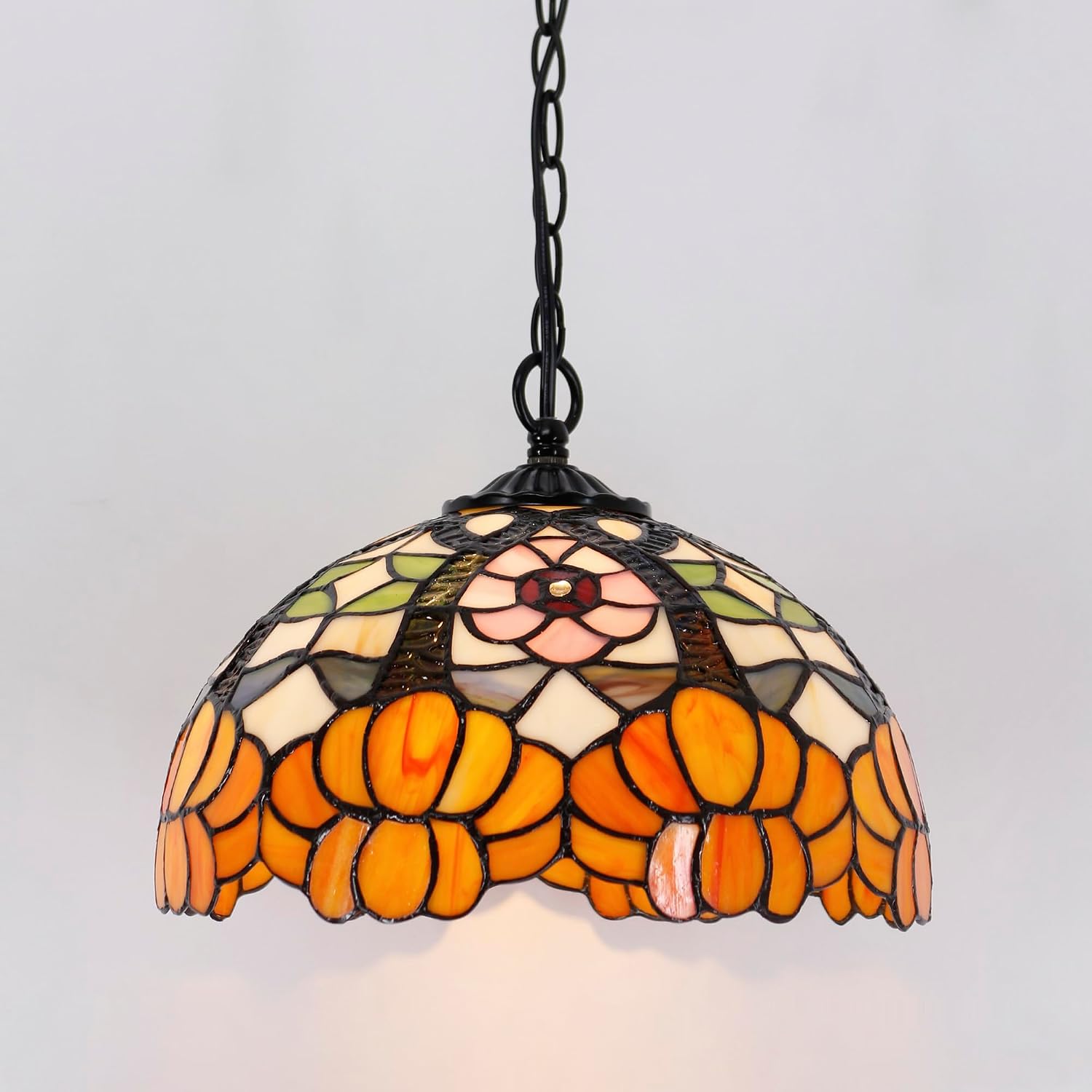 Tiffany Pendant Light Plug in 12 Inch Orange Flower Stained Glass Hanging Lamp with Chain 33 Inch, Cord 15 Feet