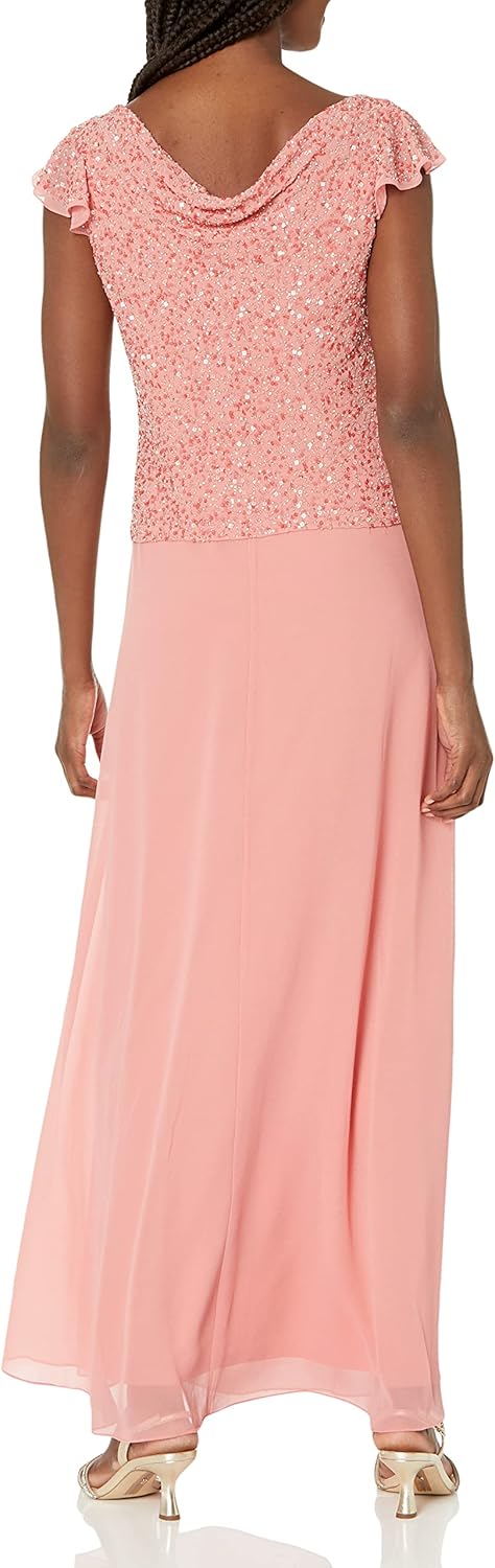 J Kara Women's Beaded Cowl Neck Flutter Sleeve Long Dress