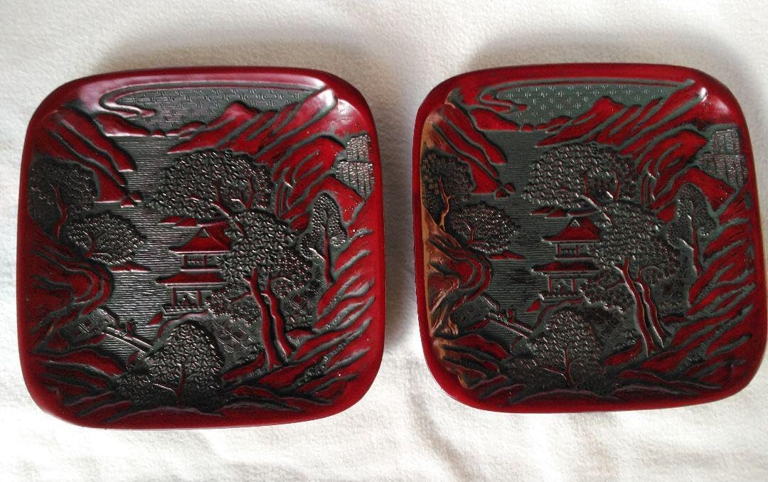 本漆塗り 堆朱日光彫り【昭和天皇へ作品献上者の作品】堆朱・銘々皿・茶托 本漆塗り 堆朱日彫り天皇へ作品献上者の作品堆朱 銘々皿