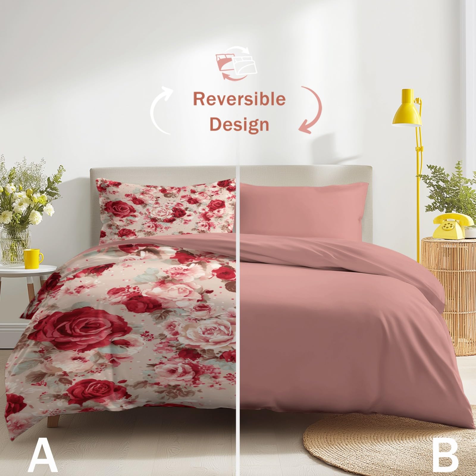 Biancheria da letto vintage elegante, 200 x 200 cm, romantica, morbida, classica, di lusso, con motivo floreale e rose, in microfibra, con chiusura lampo, include 1 copripiumino e 2 federe, per