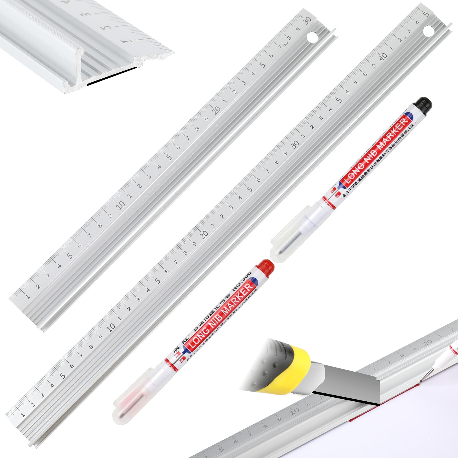 2 Pcs Metal Ruler for Cutting, 30 and 45 cm, with 2 Long Nib Marker Pens
