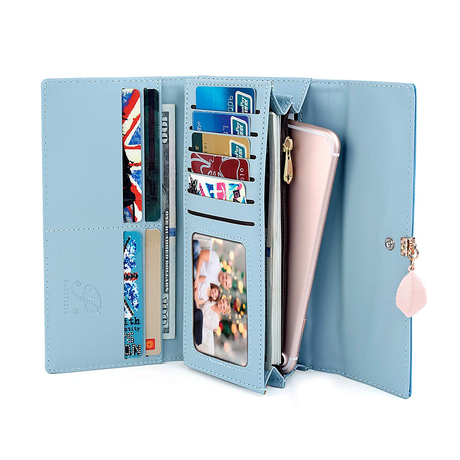 Charltu Portafoglio Donna Lungo Cerniera in Pelle, Portafoglio Donna Grande (Blu)