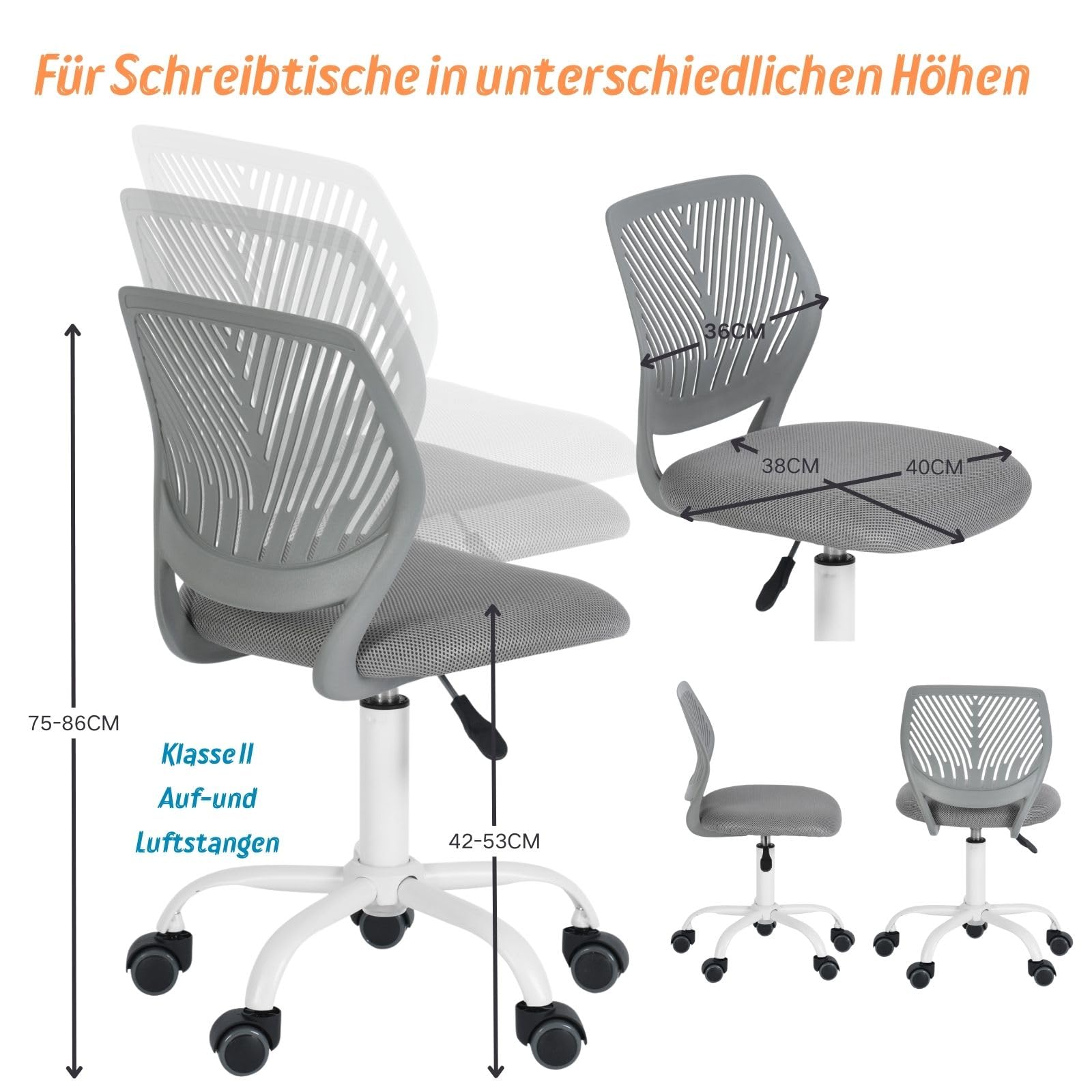 FurnitureR Friseurstuhl ergonomischer Drehstuhl ohne Armlehnen, höhenverstellbar, Netzrückenlehne, Metallfuß mit Rollen, 38x40cm Sitz, 130kg, Dunkelgrau