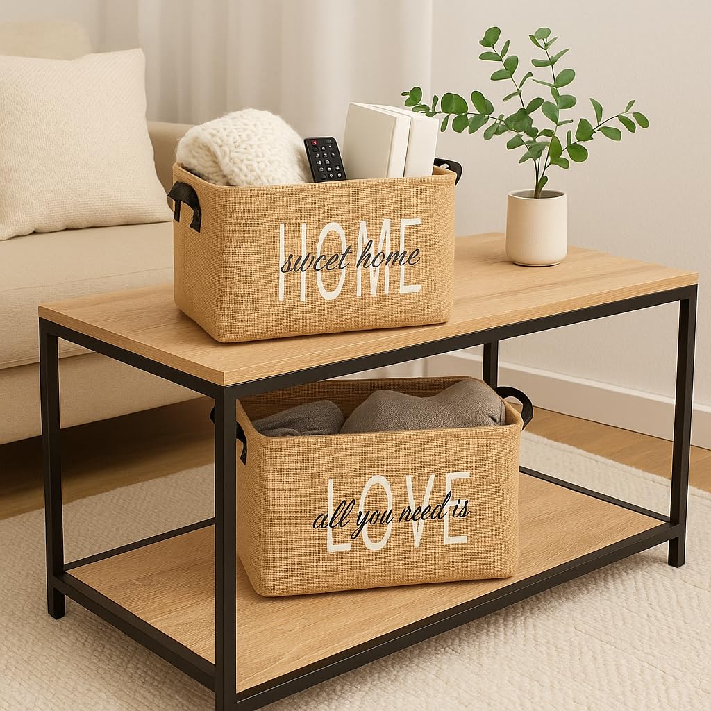 Prendi Home Lot de 2 paniers de rangement pliables en toile de jute avec poignées – Organisateur pour chambre d’enfant, linge, jouets et penderie – Éco-responsable et compact