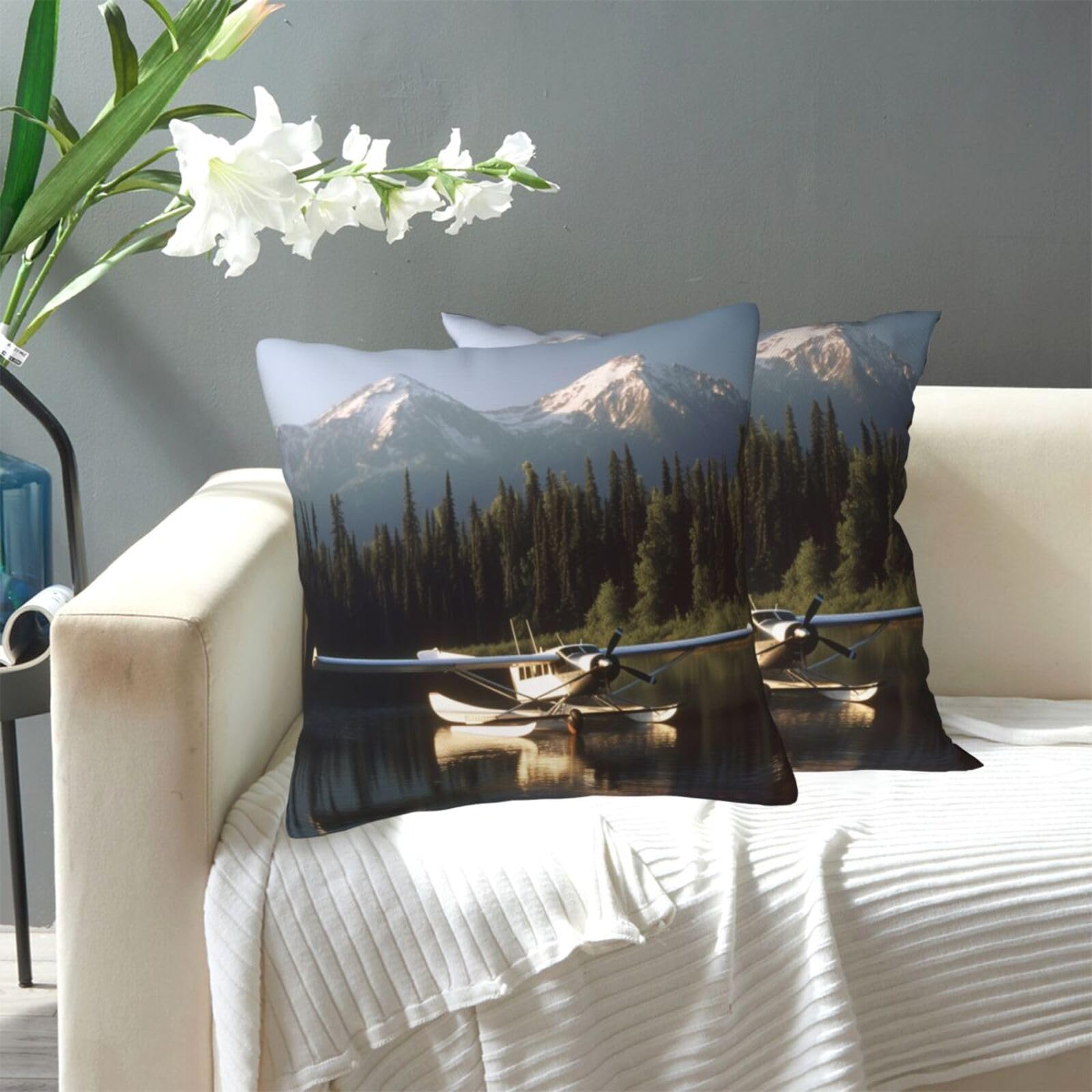 FekiLoot Decorative Throw Pillow Covers Modern Farmhouse Pillowcase Double Sided Cozy Cushion Cover for Sofa Couch Bed 20"X20" Airplane On Lake