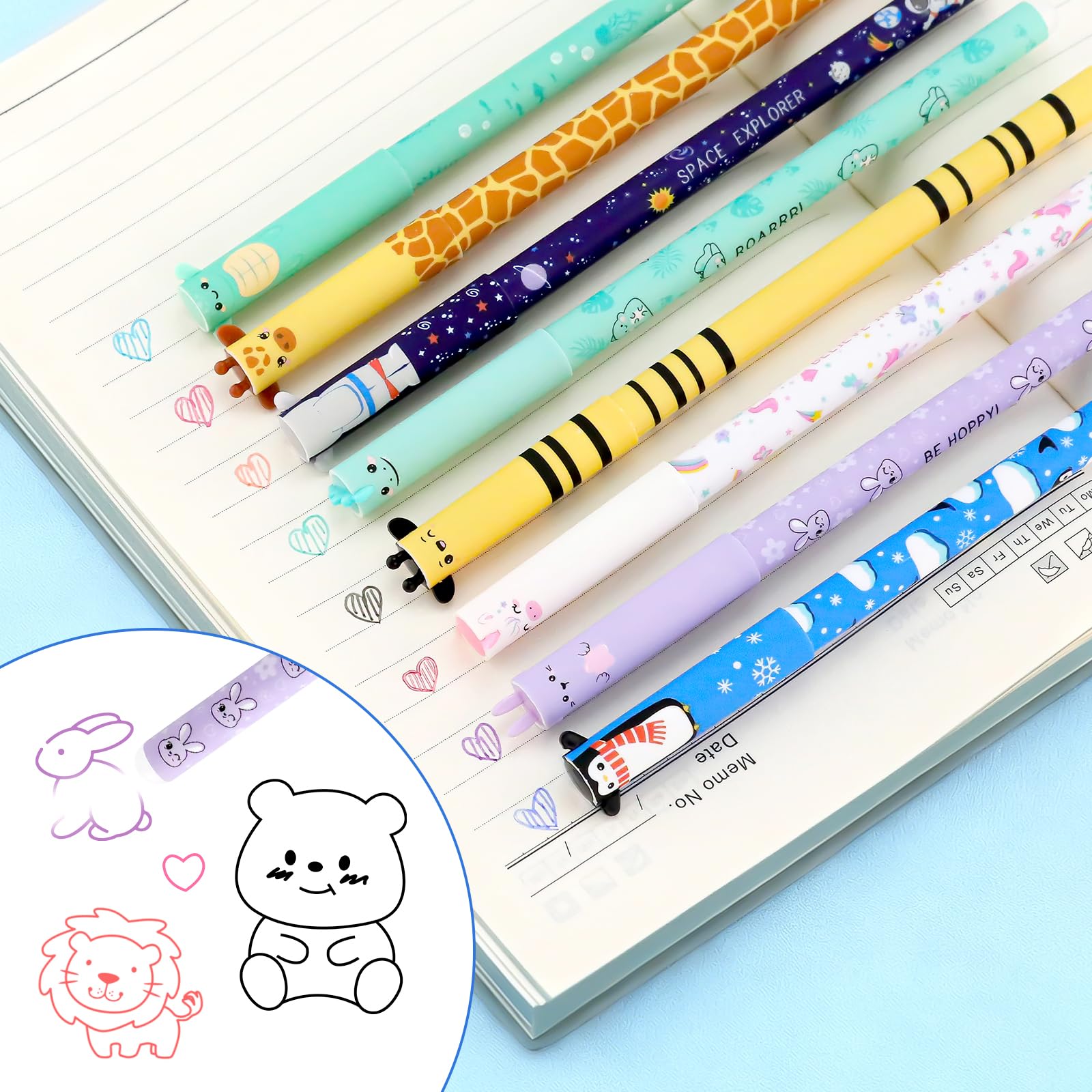 Set di penne gel cancellabili con testa di animale, punta da 0,6 mm, inchiostro sensibile al calore, penne cancellabili come regalo per Natale, compleanno o ufficio