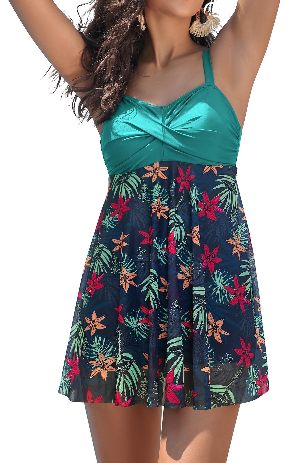SHEKINI Traje de Baño de Una Pieza para Mujer Elegante Ruched Control Abdomen Tankini Ajustable Bikini de Baño Una Pieza Falda con Shorts de Seguridad