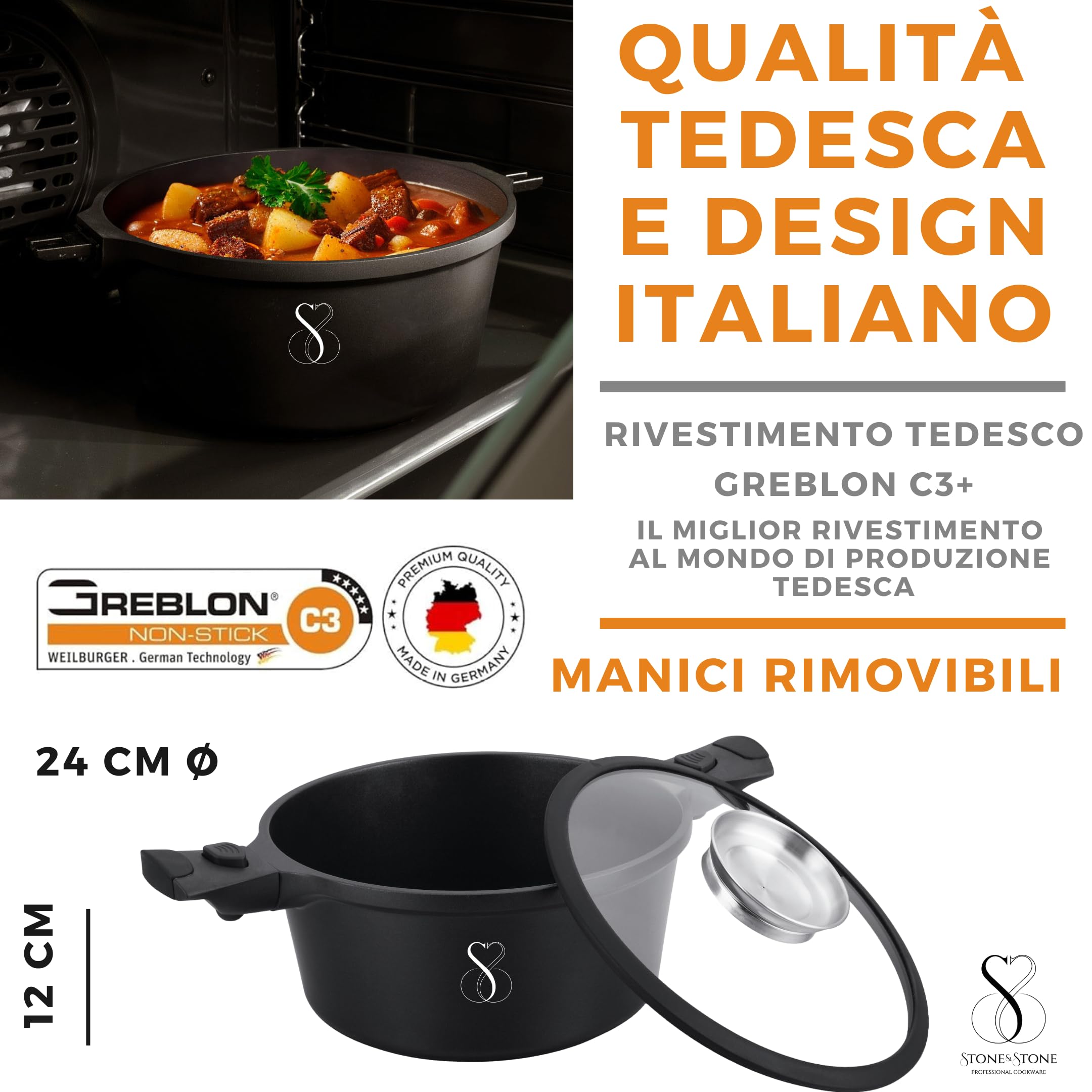 Stone&Stone Pentola 24cm professionale estremamente antiaderente con tecnologia tedesca fondo in acciaio casseruola cuoci pasta pentole anche per gas/forno e induzione sana priva di pfoa