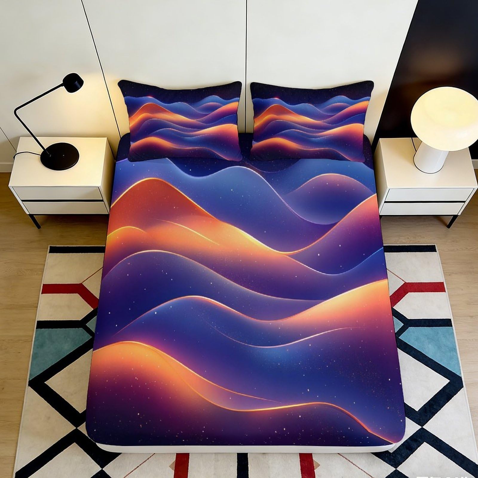 3D Printed Sunset Wave Fitted Sheet Microfiber Soft Breathable Gradient Ocean Mattress Cover for Bedroom Decor 90x200x25cm