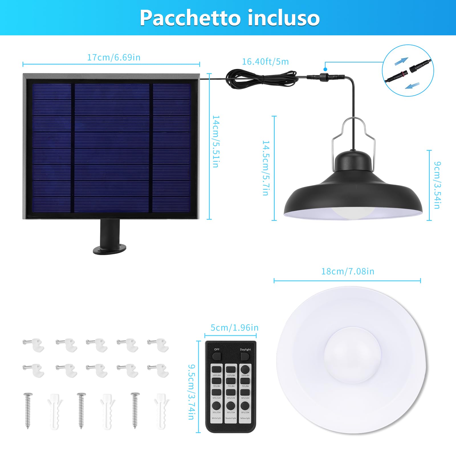 Lampadario Solari, 3 Colori/4 Modi Lampada Solare da esterno, Impermeabile Lampada a Sospensione Con Telecomando/Timer/Sensore Crepuscolare/Cavo 5m Luce Solar Interno per Giardino Gazebo