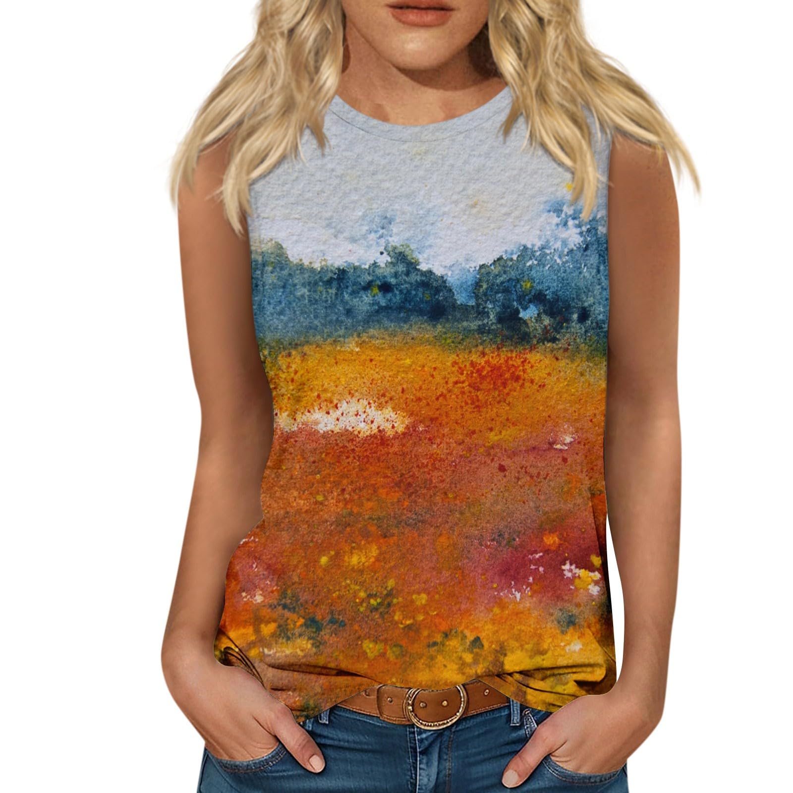 SCBFDILadies Tank Tops, Shirts for Women Trendy Marble Printed Sleeveless Tank Top Y2K Slim Fitted Casual Crewneck Tunic Vacation Tops