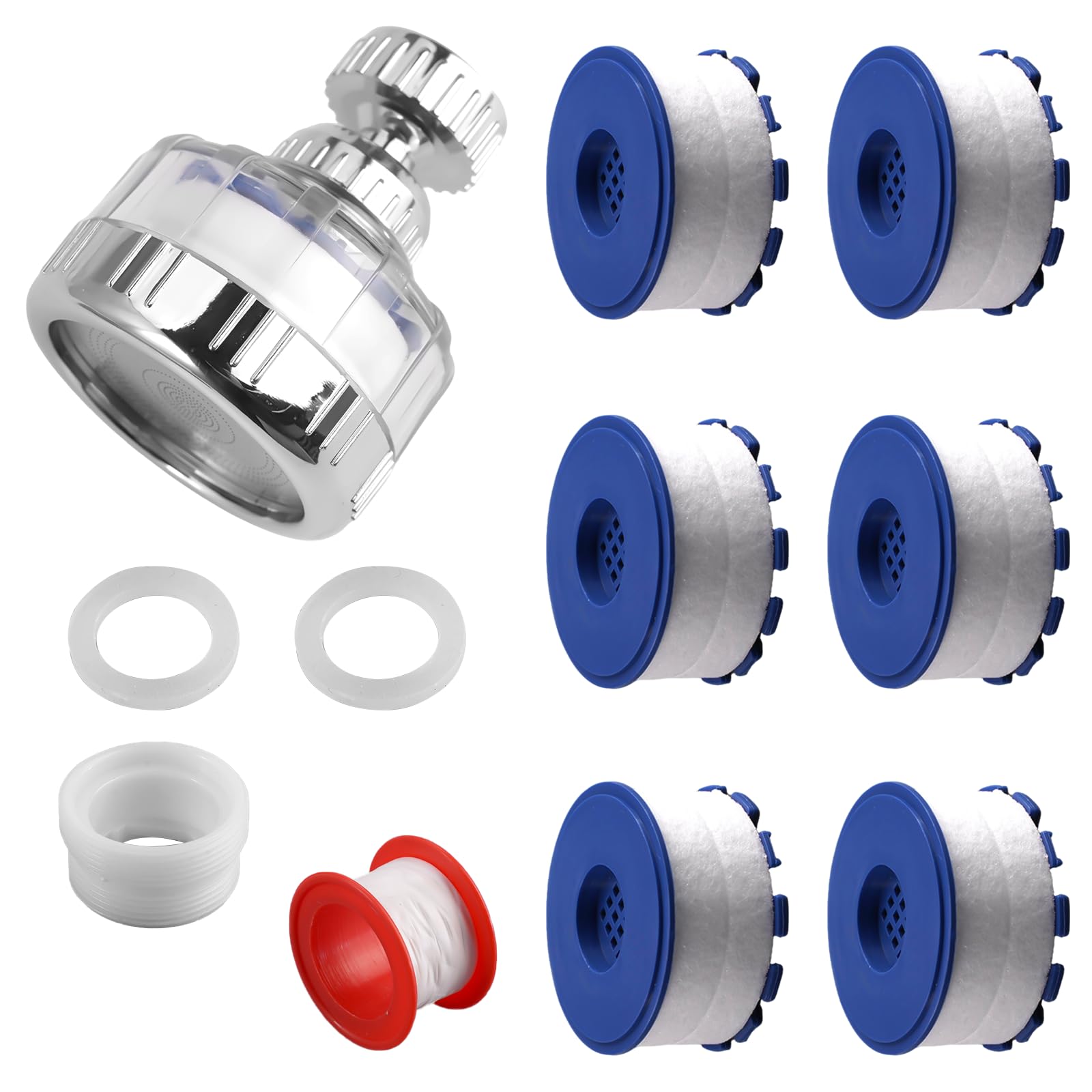 Filtro Acqua Rubinetto con 6 Elementi Filtranti in Cotone PP, Filtro Calcare Rubinetto Cucina Girevole A 360°, Filtri per Montaggio del Rubinetto, per Cucina, Bagno, Lavandino