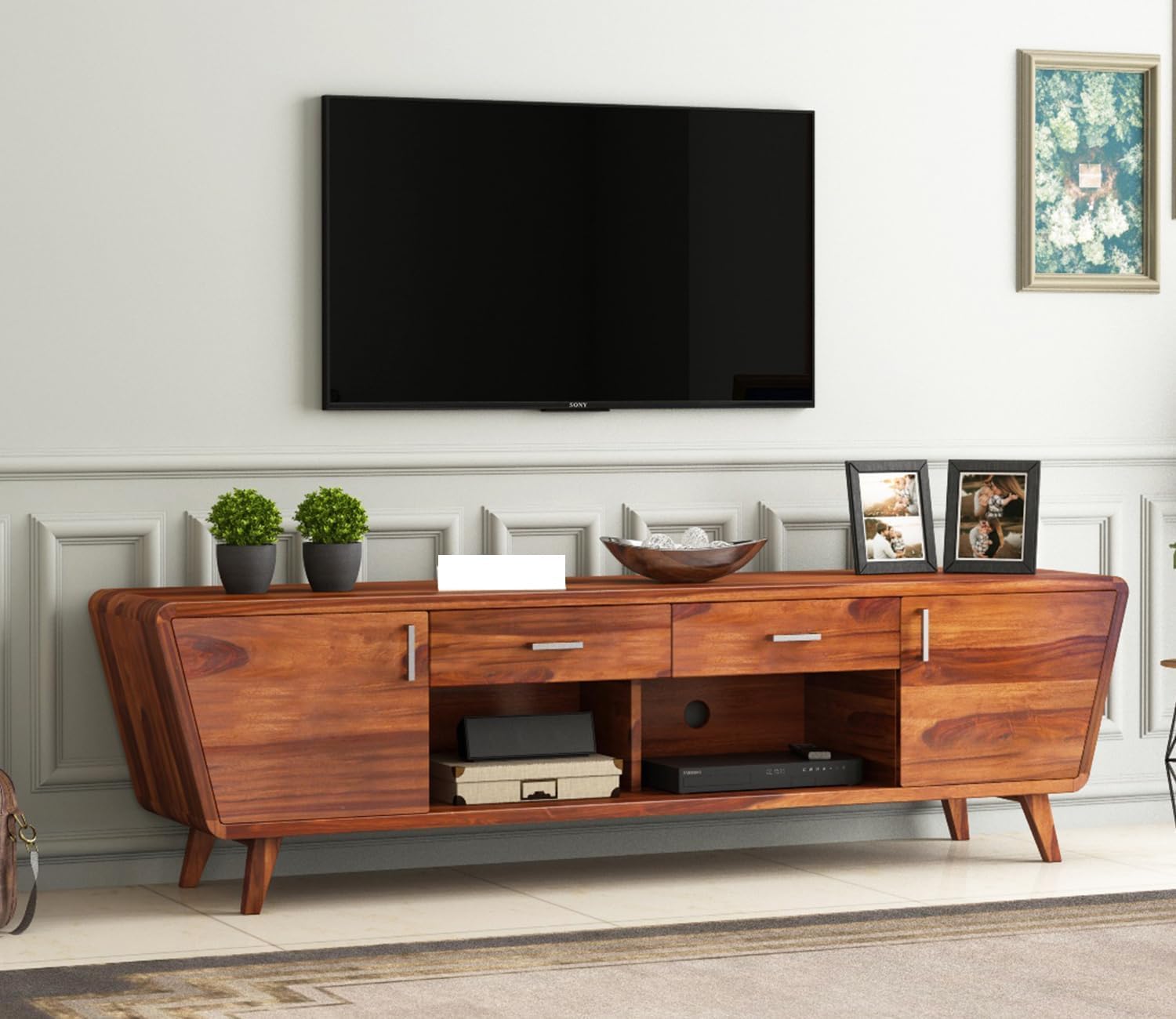 Premium Solid Sheesham Wood TV Unit for Living Room - 2 Drawers, 2 Shelves, and 2-Door Storage - Fits up to 60-Inch TV (Carvel, Honey Finish)-image-27