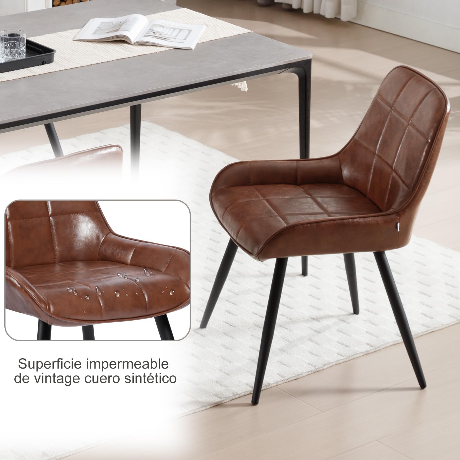 WOLTU Juego de 2 Sillas de Comedor,Cuero Sintético Retro,Marrón | Respaldo Medio,Acolchado, Estructura de Metal, Adecuadas para Comedor, Cocina, Salón y Dormitorio