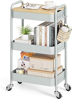 KINGRACK Carrinho de armazenamento de 3 níveis com mesa, carrinho de metal com rodas, organizador utilitário com bandeja de madeira, rodas com bloqueio, fácil montagem para casa de banho, sala de