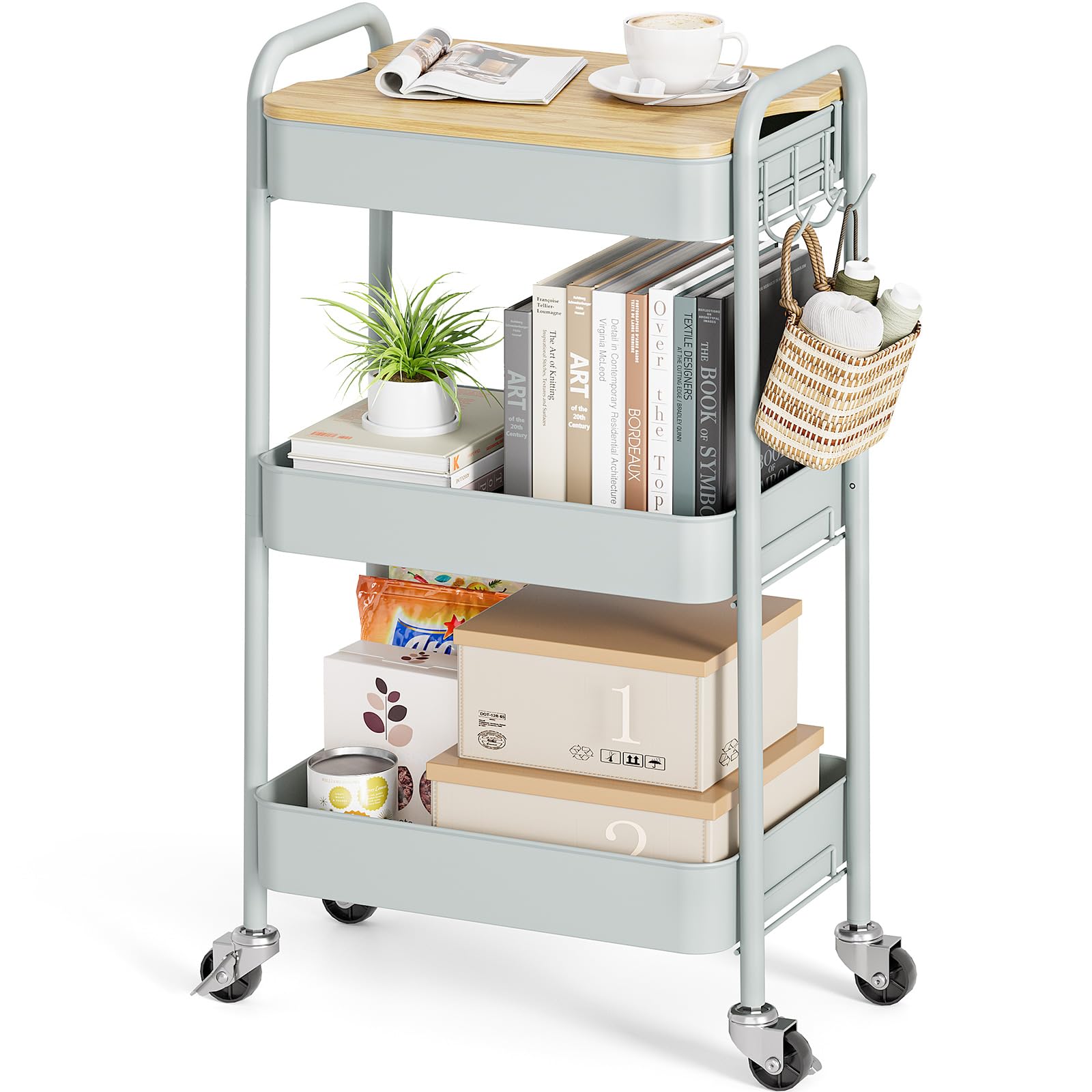 kingrack Chariot à roulettes à 3 niveaux, chariot utilitaire en métal avec plateau en bois amovible, chariot de rangement pour loisirs créatifs, chariot de service facile à assembler, vert