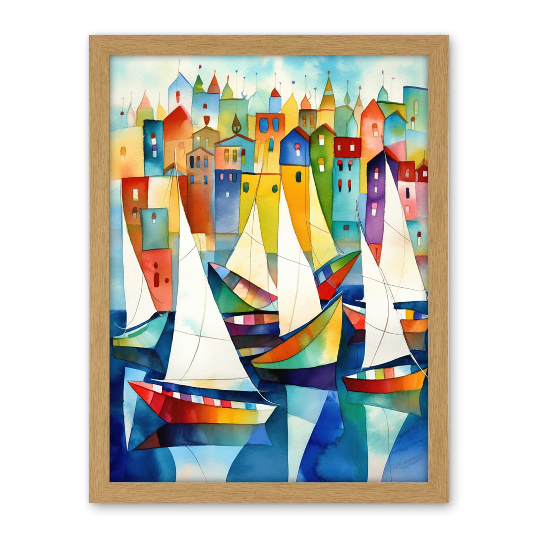 Artery8 Harbour Boats Folk Art Watercolour Painting Artwork Framed Wall Art Print 18X24 Inch