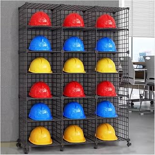 Heavy Duty Hard Hat Holder Rack, Adjustable Safe Helmet Storage, 18 Grids (3x6), Firefighter Gear Organizer for Factory, Workshop, Coal Mine, Retail Store - Black