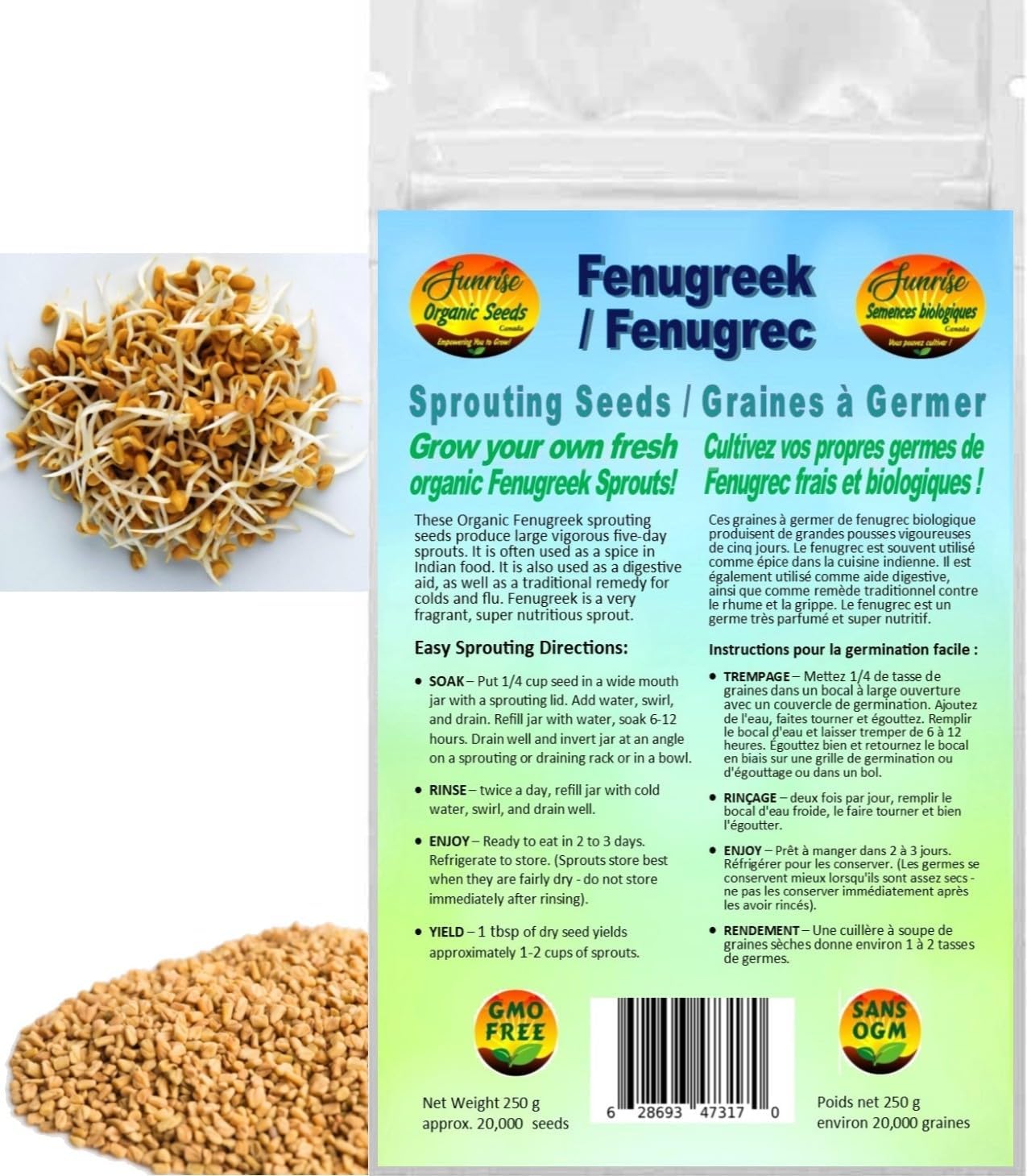 Fenugreek Sprouting Seeds | Fenugrec Graines à Germer | Organic & Non-GMO | Net Wt. 250 Grams (Approx. 20,000 Seeds) | High Germination Rate | Packaged in Canada