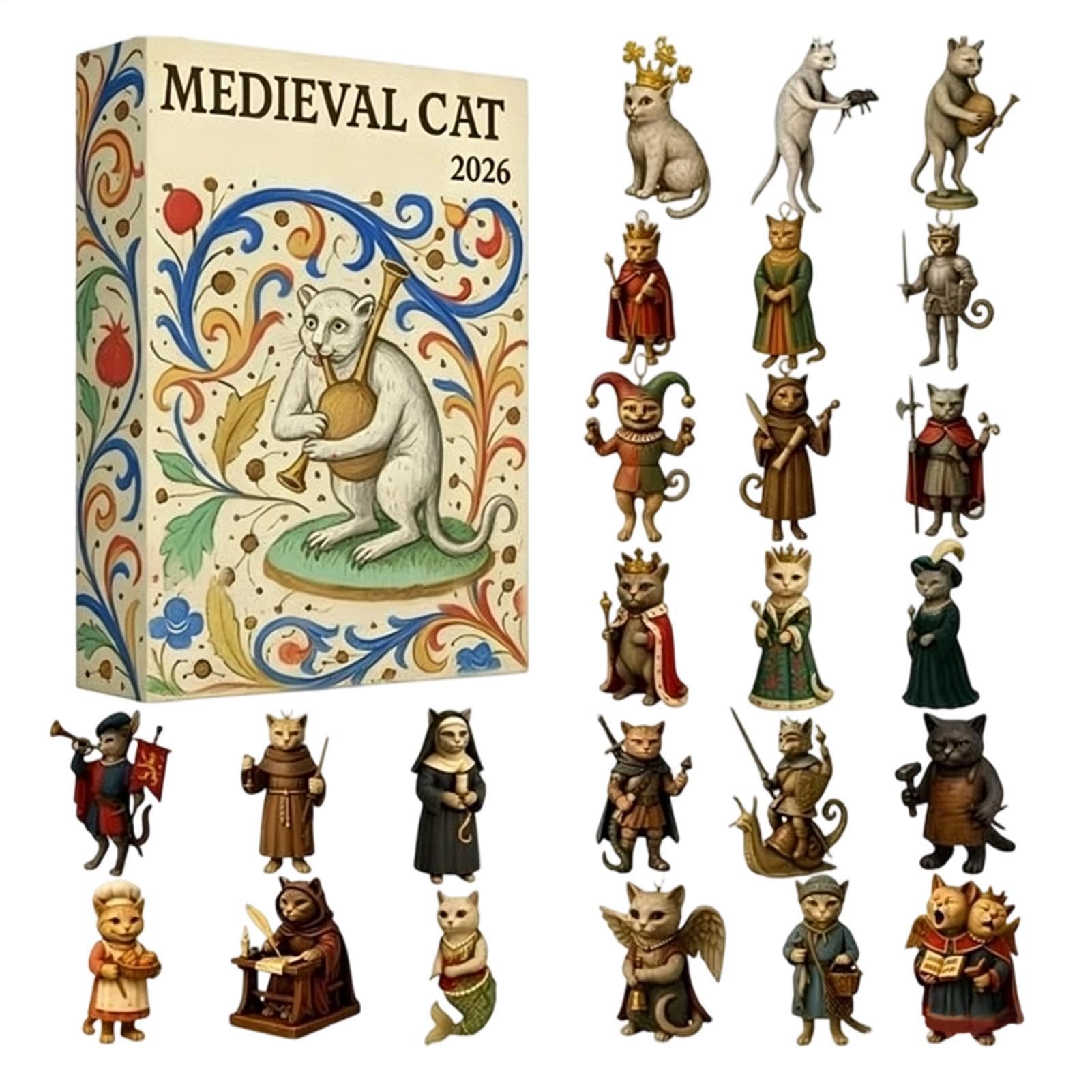 Medieval Cat Advent Calendars 2026, 24 Days Ugly Cats Ornaments Countdown
