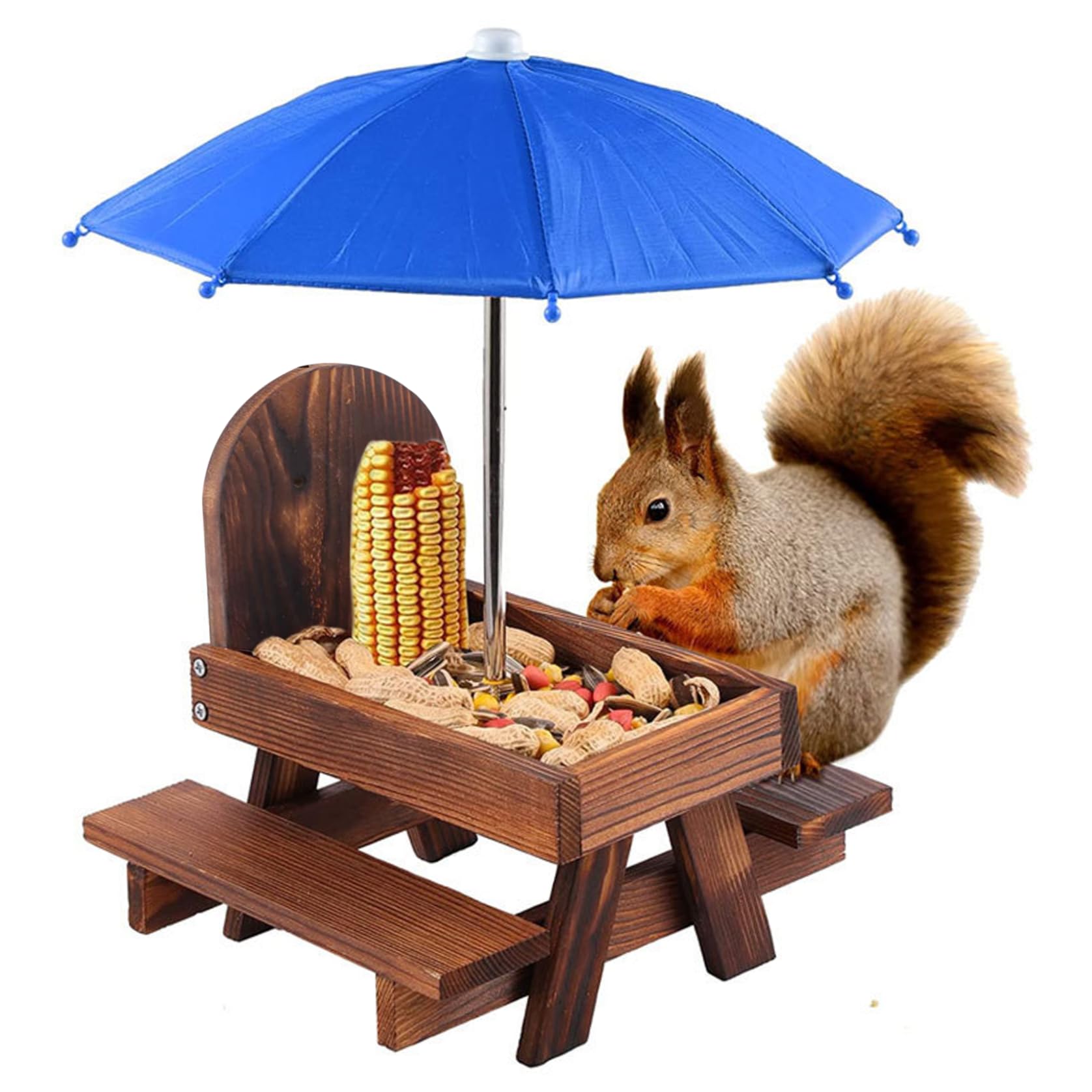 Squirrel Feeder Table with Umbrella Wooden Squirrel Bench Feeder for Outside Picnic Table for Garden Ornaments 21 * 18 * 18cm..