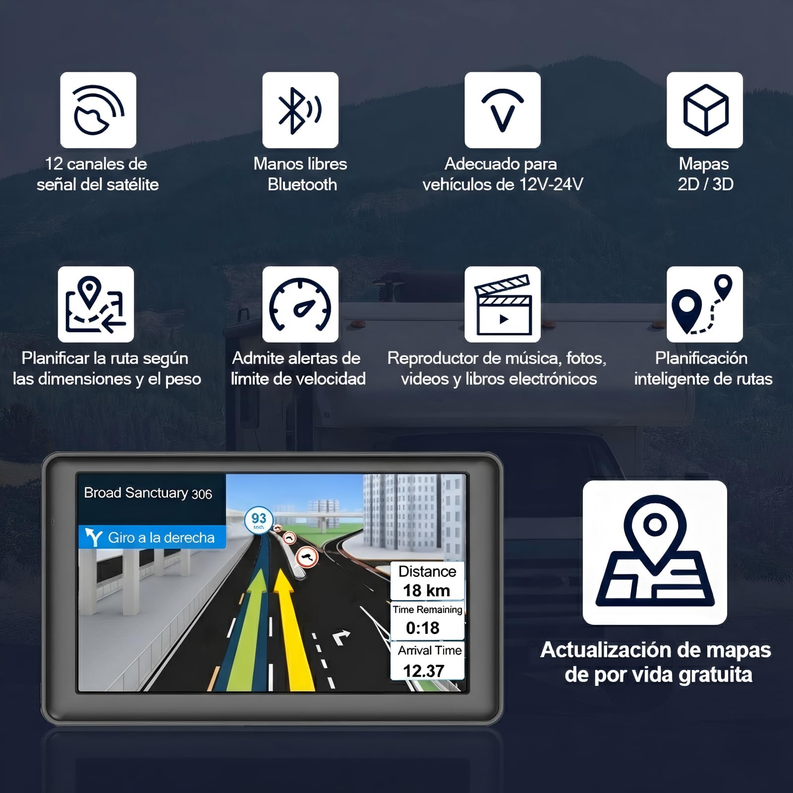 Navegador GPS Bluetooth con 7 Pulgadas para Camiones y Coches, Actualizaciones de Mapas de Europa para Toda la Vida — view 2