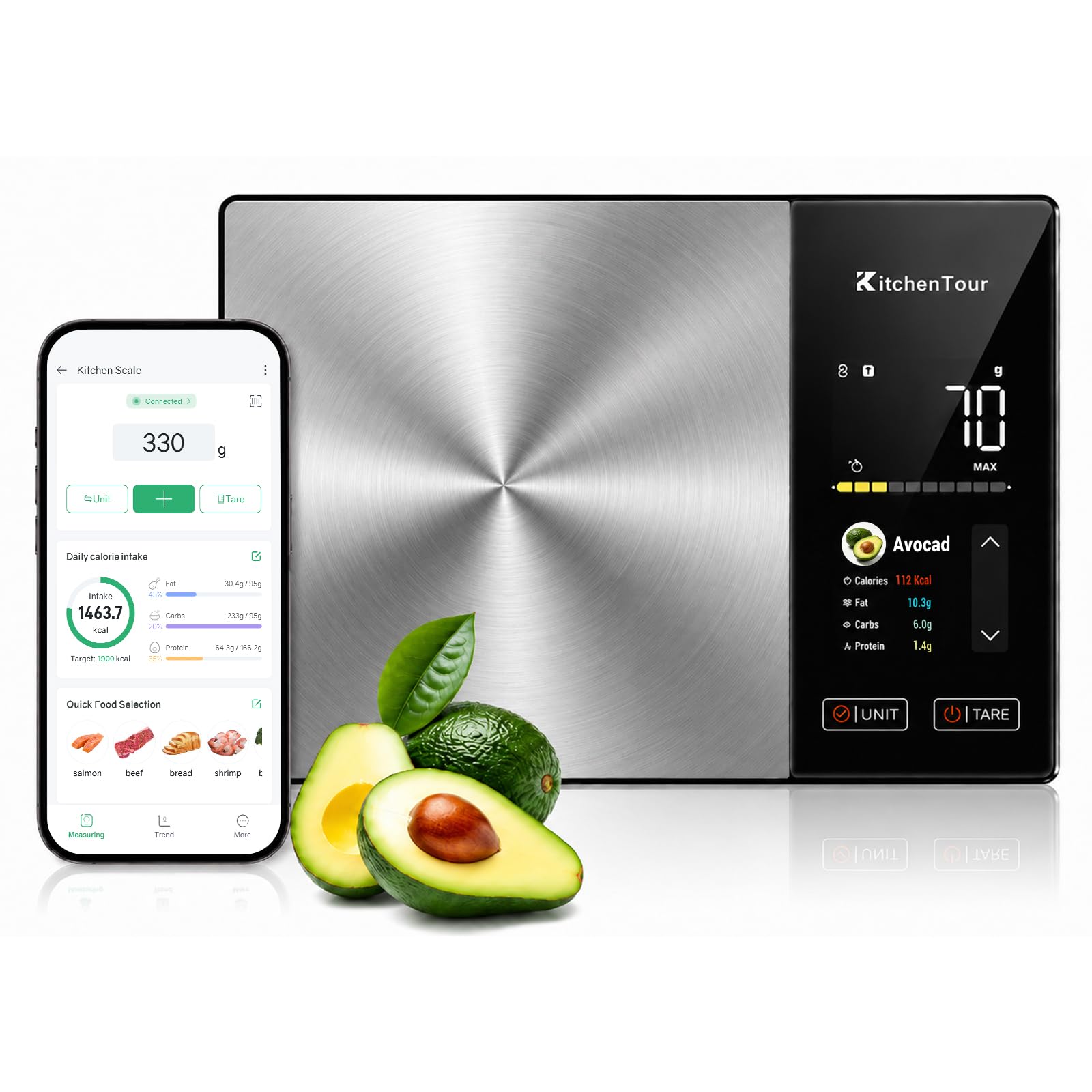 KitchenTour - Báscula inteligente de alimentos con calculadora nutricional, aplicación Bluetooth para seguimiento de calorías y macros, 24 nutrientes, báscula de cocina de acero inoxidable de 11