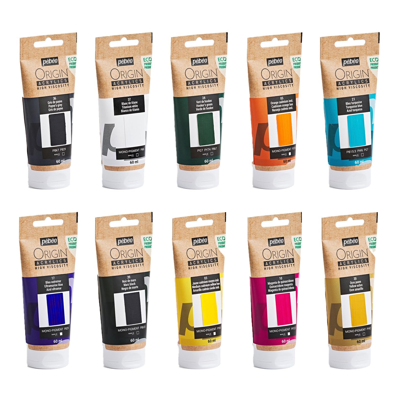 Pébéo - Origin Acrylics - Set Essentiel 10x60 ml - Peinture Acrylique Éco-Conçue - Finition Mate - Liant 100% Recyclé - 96% de Matières Premières d’Origine Européenne - Assortiment de 10 couleurs
