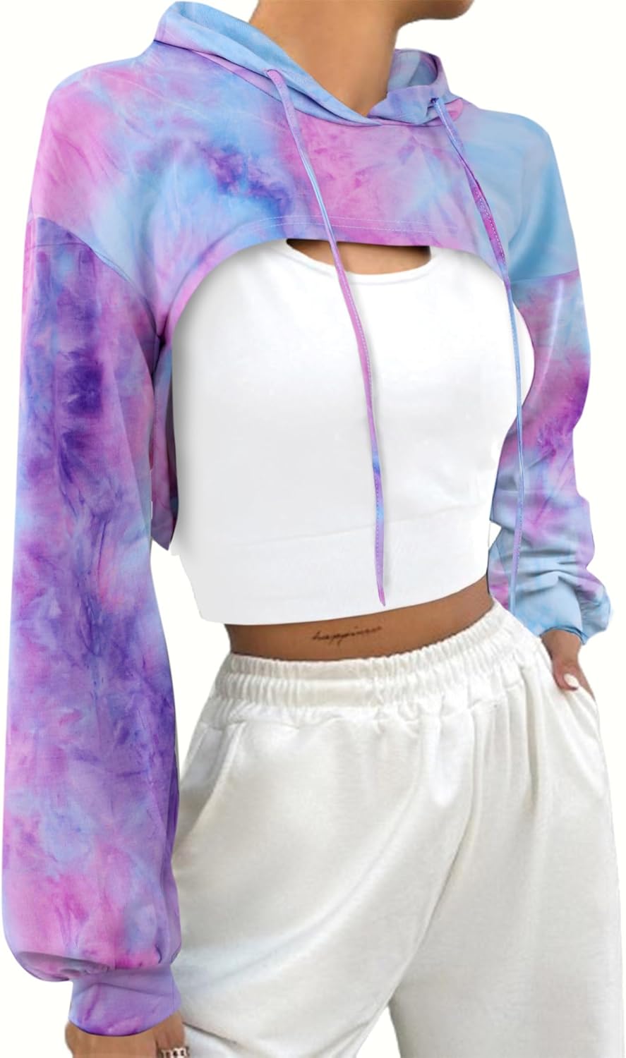 Hilinker Women's Long Sleeve Cropped Hoodie Workout Drawstring Super Crop Tops without Camisole
