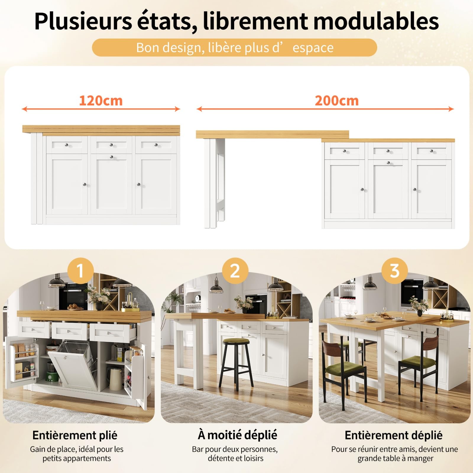 YEHTOKHOME Îlot Central Cuisine avec Rangement et Plan de Travail, Table à Manger Extensible 120-200 cm, 3 Tiroirs et 2 Portes, Étagère Snack, Support Poubelle, Table de Bar (A-Blanc)