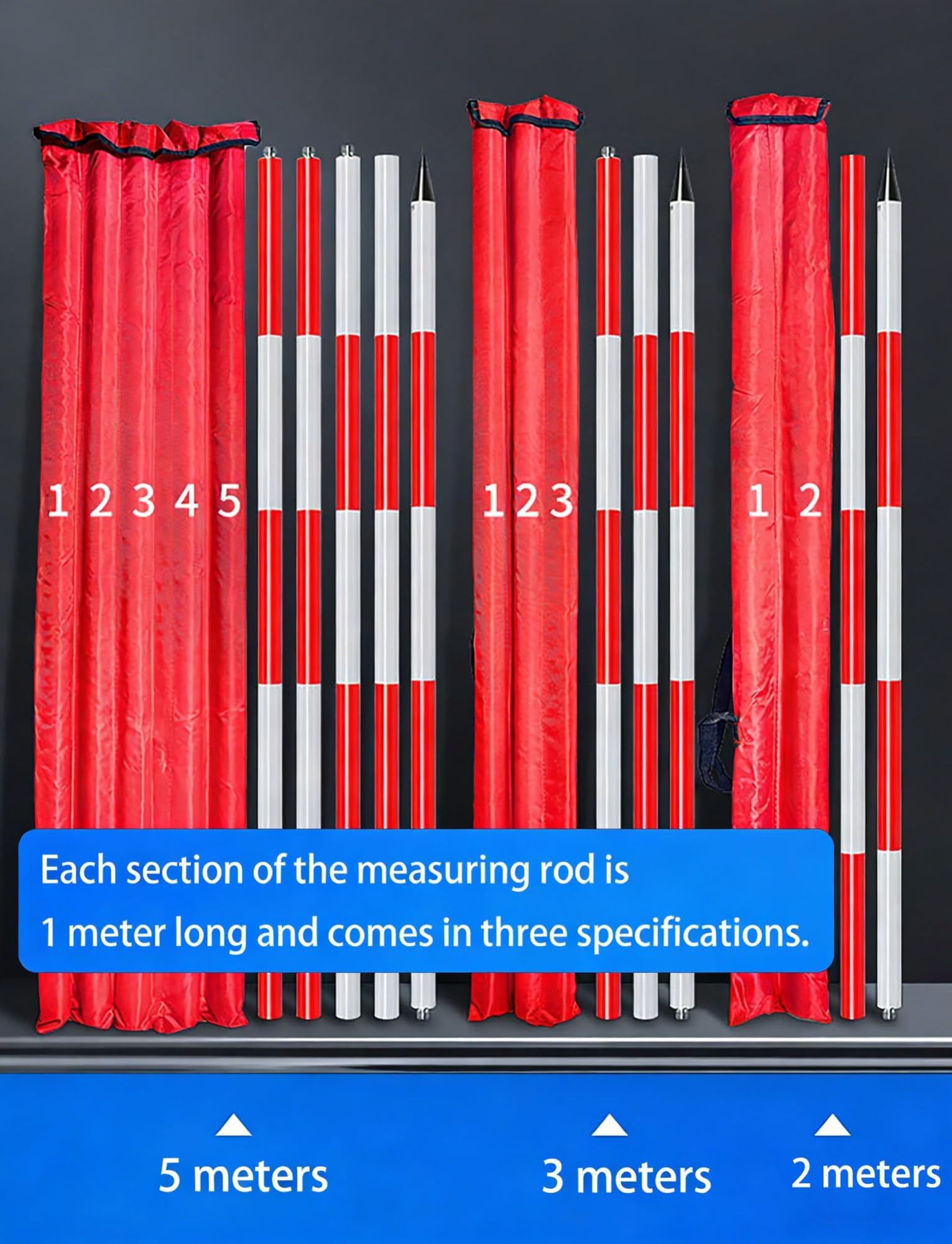 Poste topográfico de aluminio rojo resistente de 2/3/5 metros, varilla de grado for topografía, construcción de carreteras y medidor de profundidad(5 meters/16.4ft)