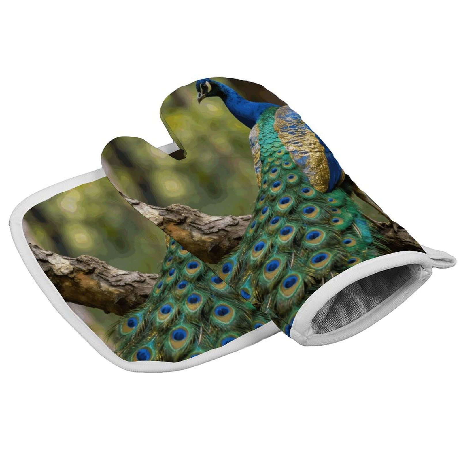 Fodpand Style Colorful Peacock On A Tree Branch Oven Mitt Set With Lanyard, Cooking Mitt, Protective Thermal Insulation,Kitchen Mitt For Baking, Cooking, Grilling, Microwave