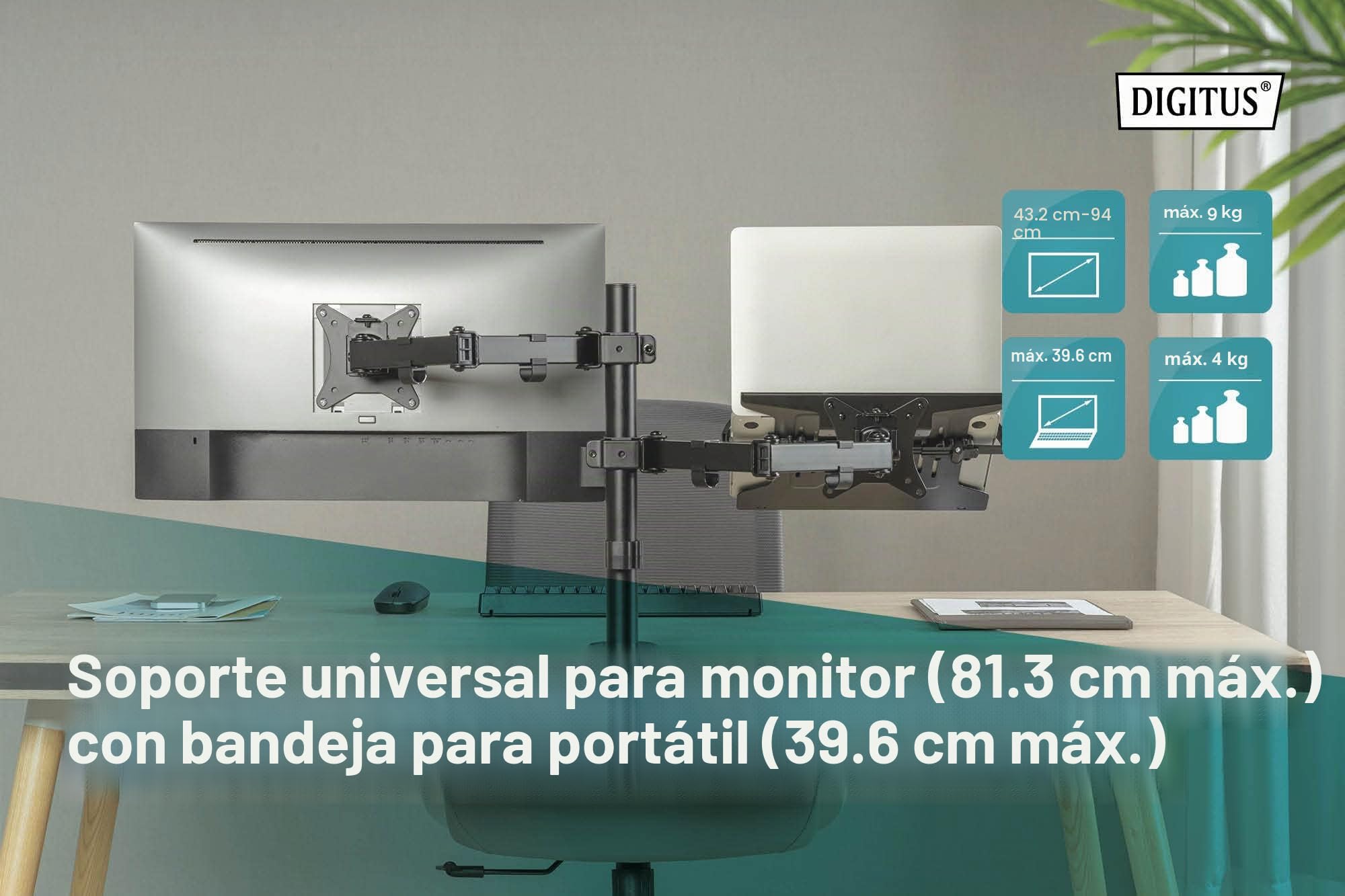 DIGITUS Soporte de Monitor y Portátil - Sobremesa - 1 Monitor - Hasta 32 Pulgadas - VESA 75x75, 100x100 - Negro | Hasta 32 pulgadas – Brazo para monitor con capacidad de carga de 8 kg – VESA 75x75, 100x100 – Negro