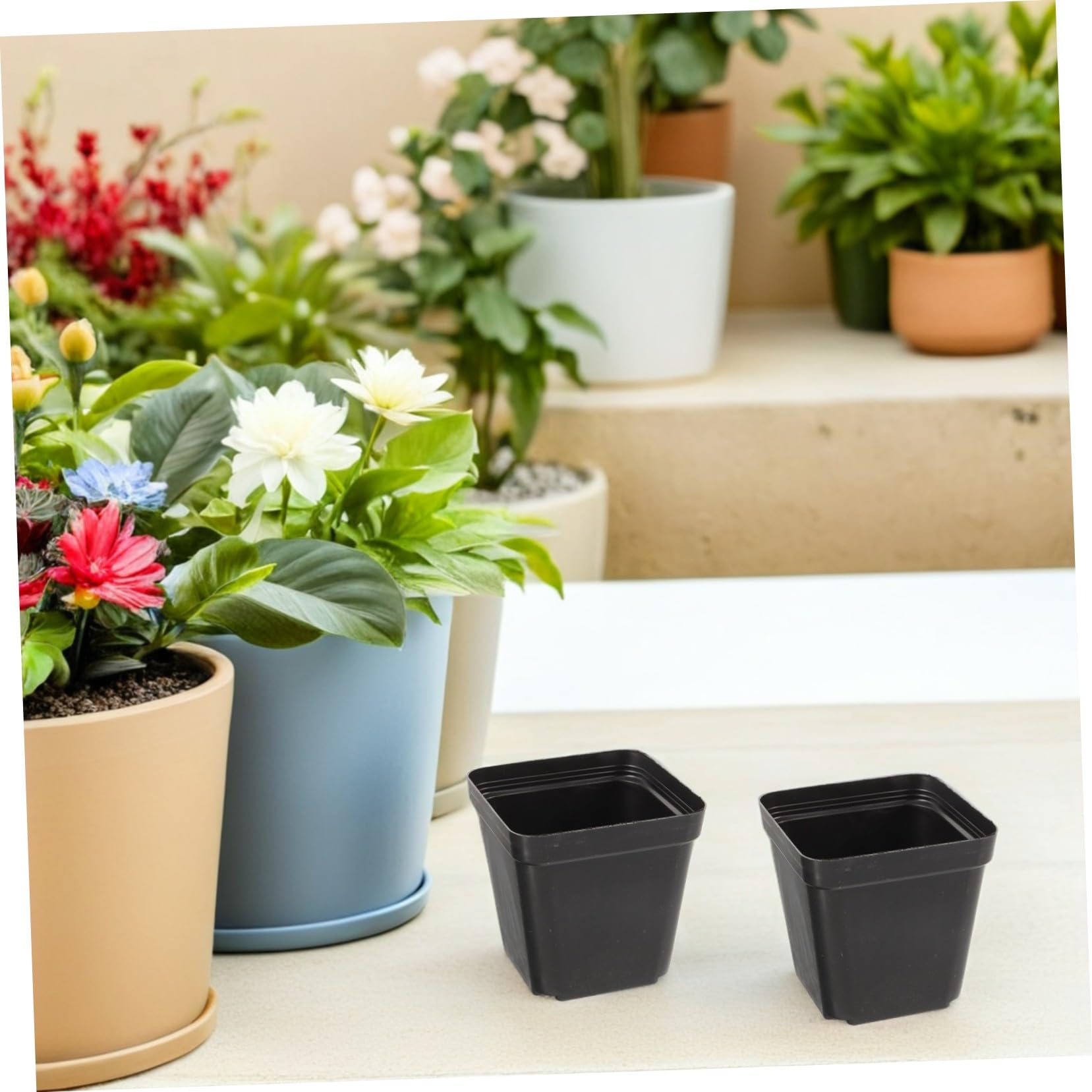Pots de Pépinière Carrés avec Trous de Drainage Lot de 100 en Plastique Noir Jardinières Polyvalentes pour Plantes D'intérieur et Balcons