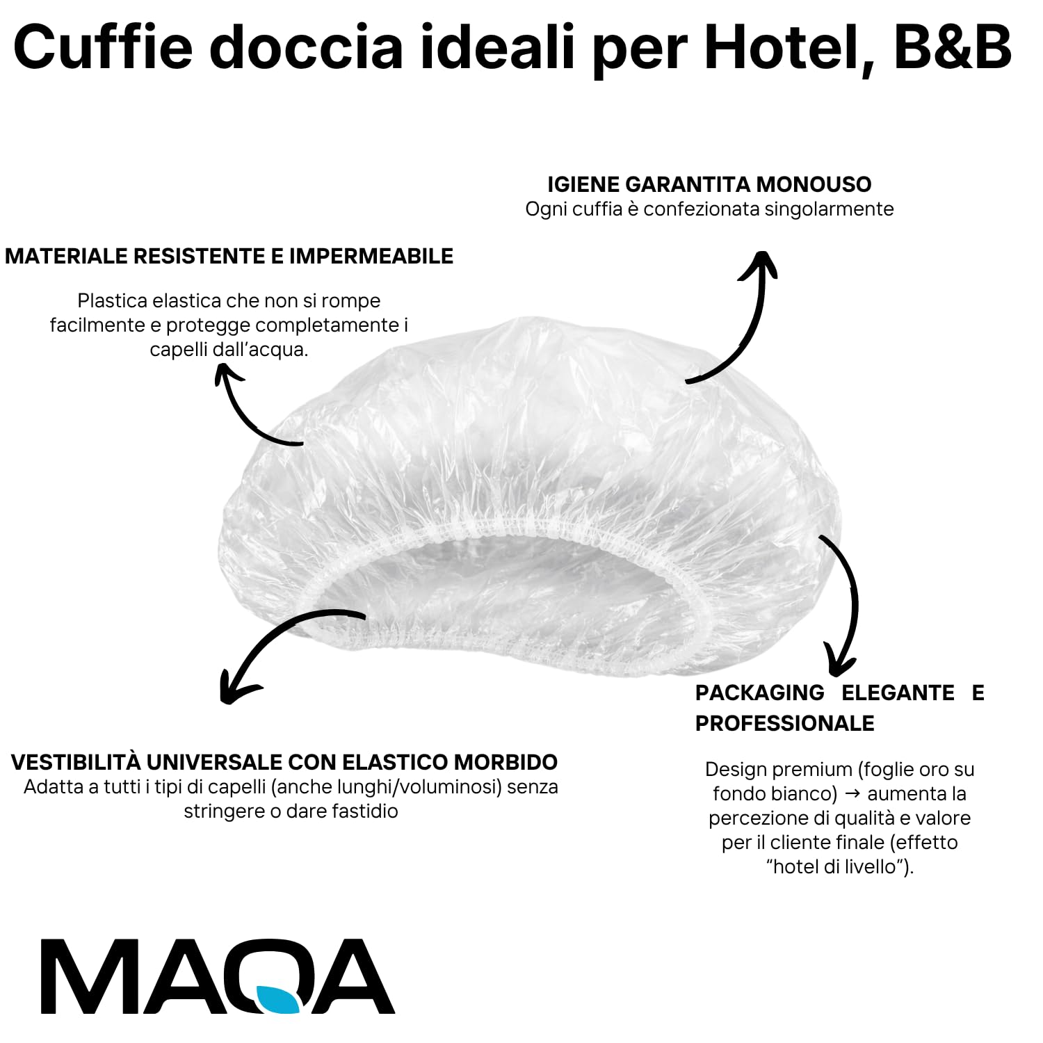 MAQA Cuffie capelli imbustata singolarmente, Cuffia doccia monouso 50-100 pz, cuffie usa e getta per kit cortesia hotel e spa 100