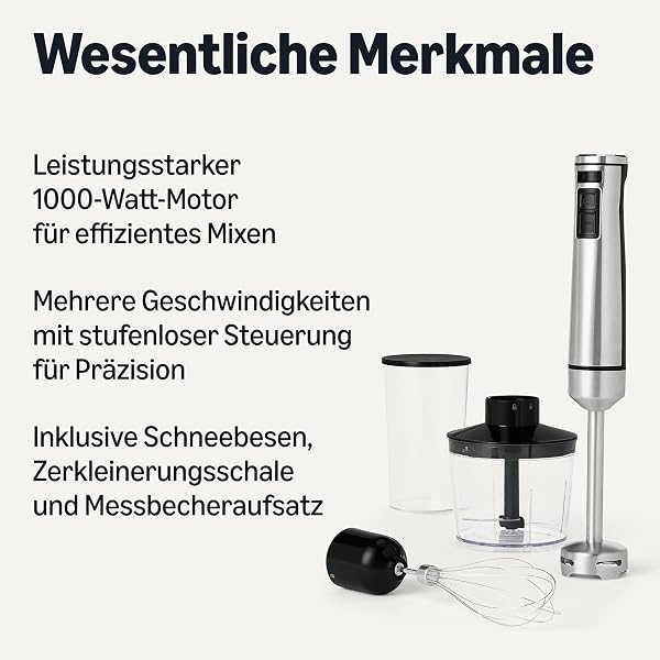 Amazon Basics 1000-W-Stabmixer mit Turbotaste, Mehreren Geschwindigkeiten, Schneebesenaufsatz, 500-ml-Zerkleinerer, 700-ml-Messbecher, Silber - 2
