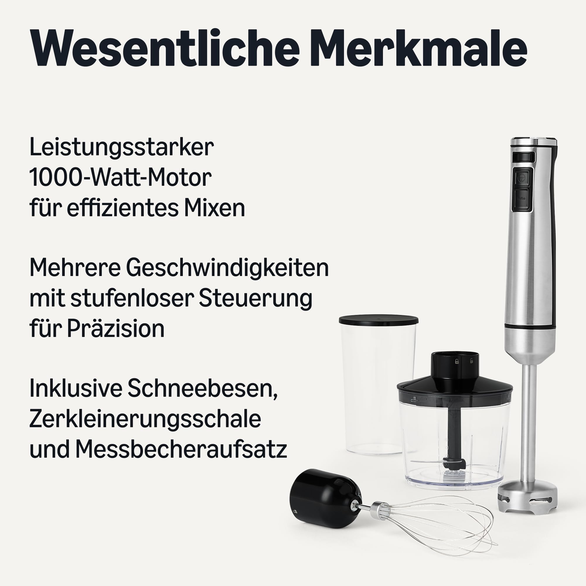 Amazon Basics 1000-W-Stabmixer mit Turbotaste, Mehreren Geschwindigkeiten, Schneebesenaufsatz, 500-ml-Zerkleinerer, 700-ml-Messbecher, Silber