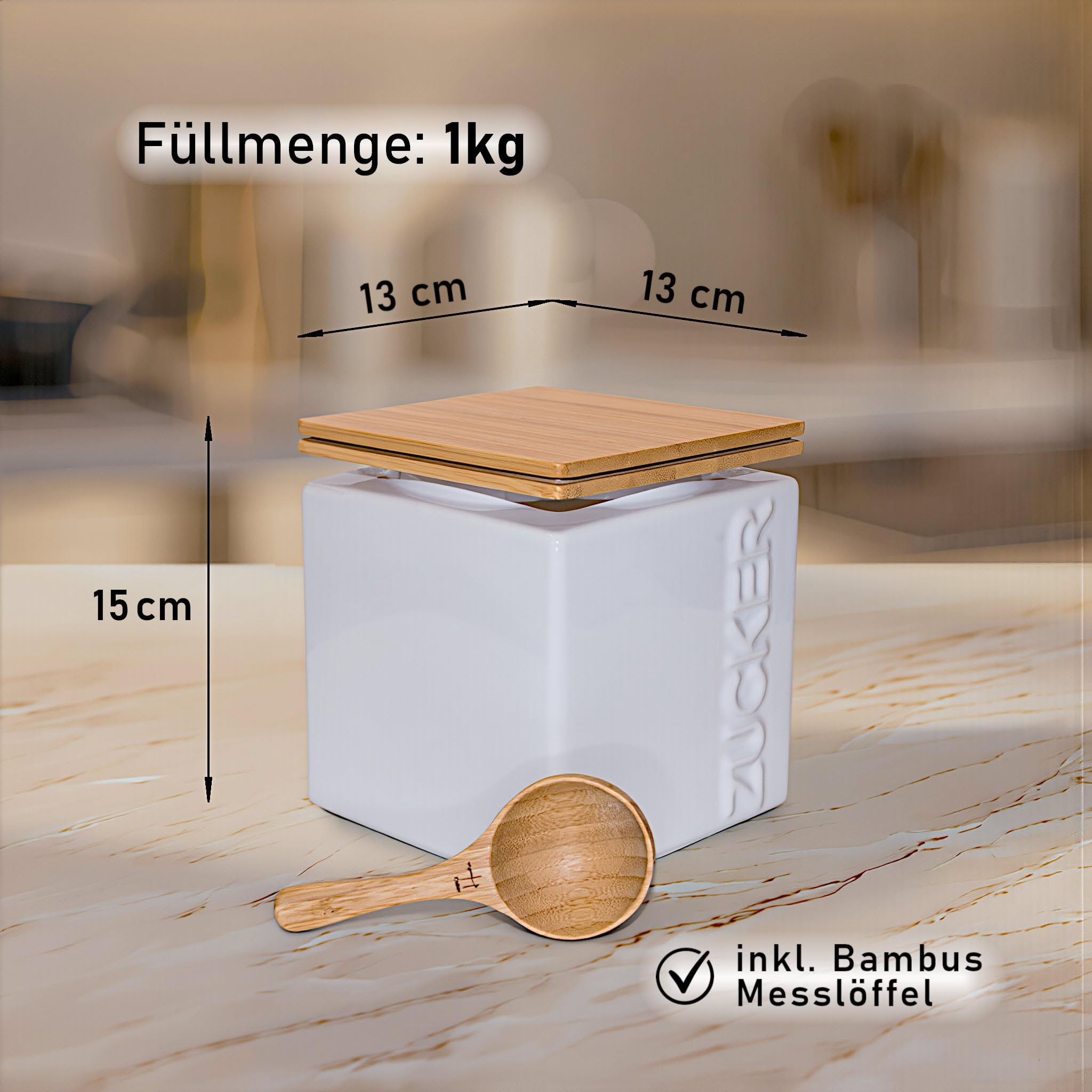 Kaffeedose & Zuckerdose Set - Luftdichtes Vorratsdosen Set Keramik - 2x Dosierlöffel Bambus - Bambusdeckel