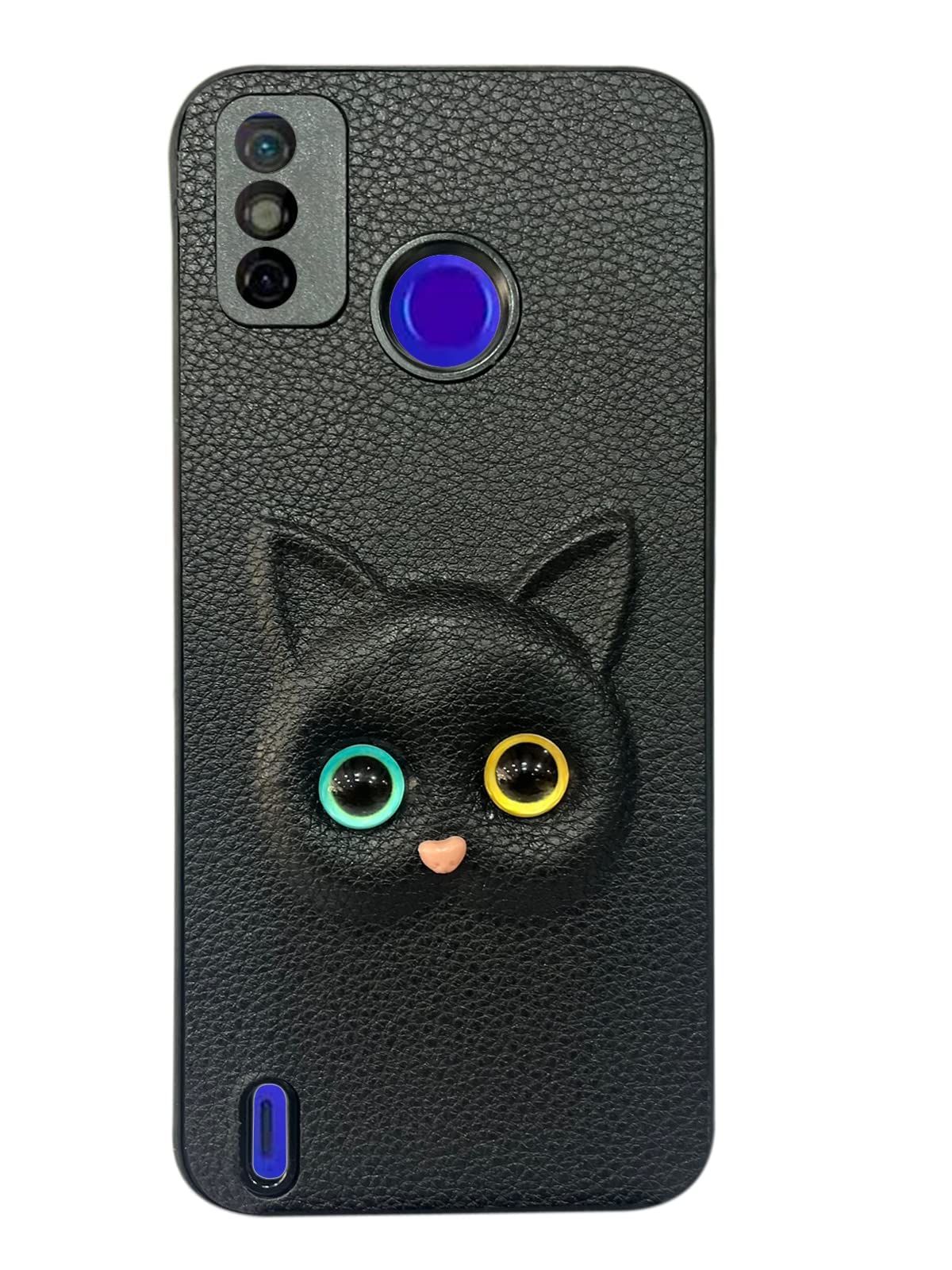 Coverage Colour Eye Cat Soft Kitty Case Back Cover for Tecno Spark Go 2020 | Faux Leather Finish 3D Pattern Cat Eyes Case Back Cover Case for Tecno KE5 / Spark Go 2020 - Black