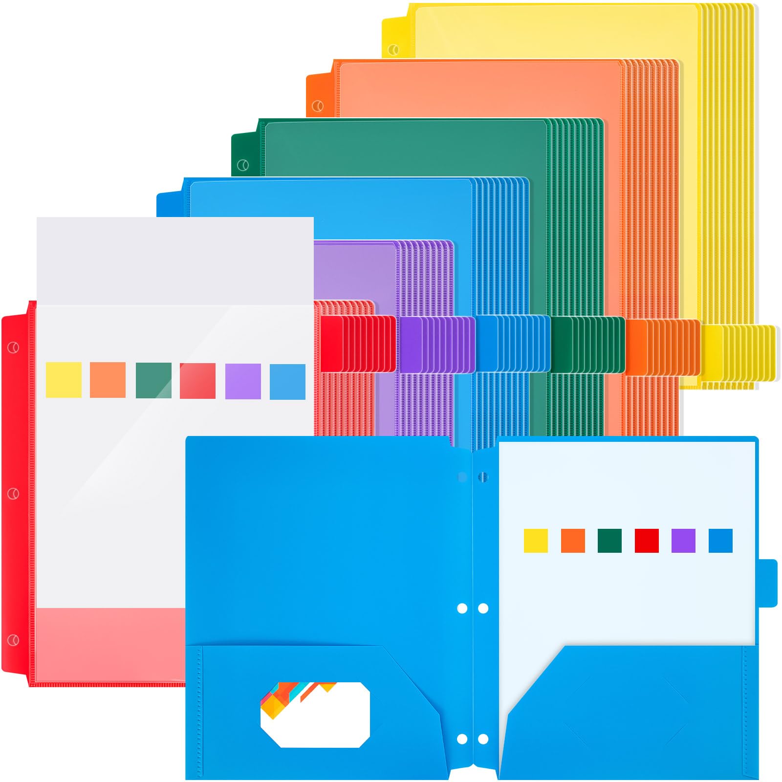Honoson 60 Pcs Colored Plastic Folders with Clear Front Pocket 3 Hole Bright Punched Folders for 3 Ring Binder 1/6 Cut Tabs for Office Classroom