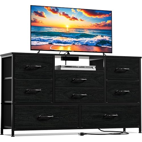 Furnulem Dresser TV Stand with Power Outlet for 55'' Long TV, Entertainment Center with 8 Deep Drawers,Wide Chest of Drawer for Storage in Bedroom,Closet,Living Room,Hallway(Black Oak)