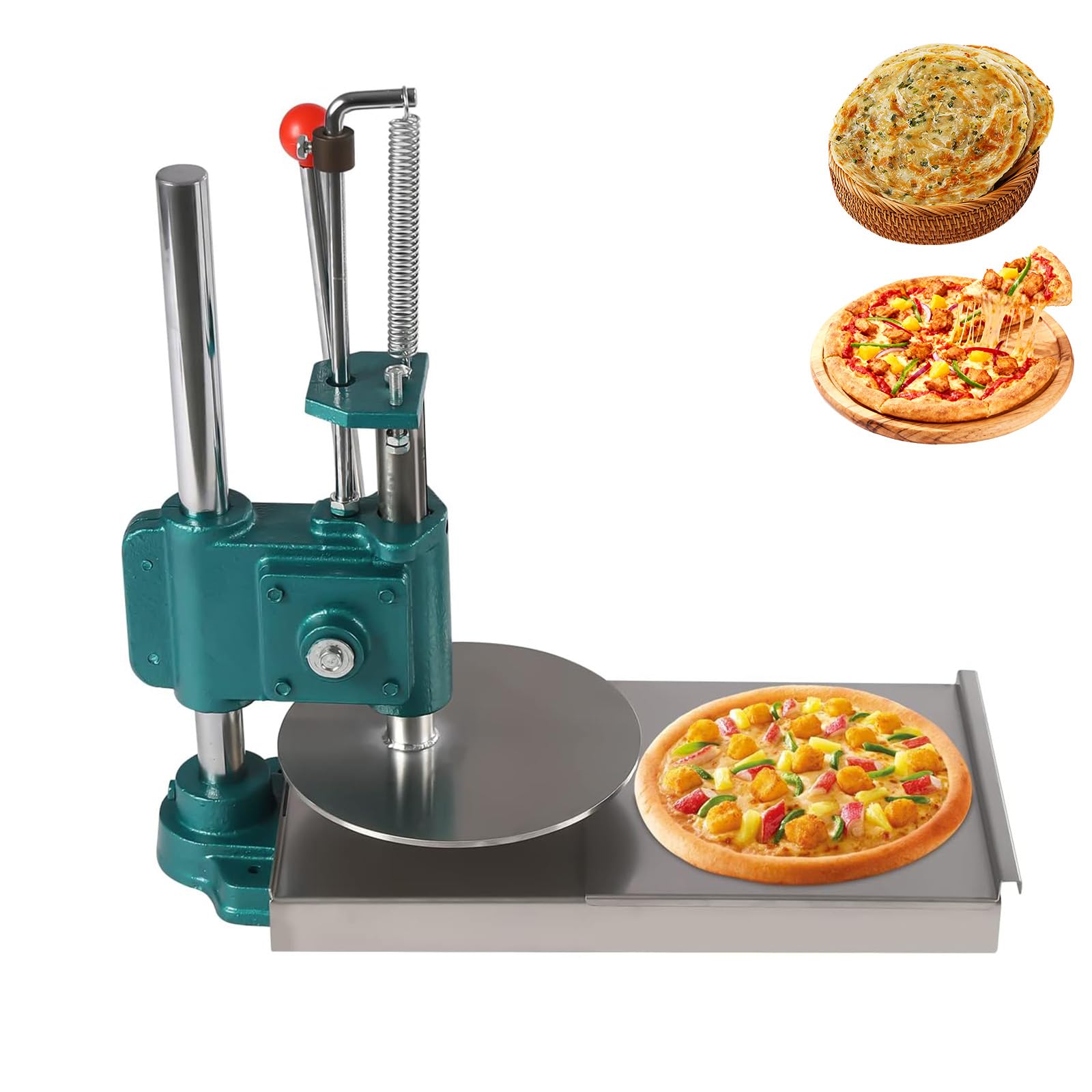 Prasa do ciasta do pizzy, 20 cm, ze stali nierdzewnej, z regulowanym ramieniem, wytrzymała żeliwna podstawa do skórki pizzy, chapati, ciast ręcznych, miękkich bułek