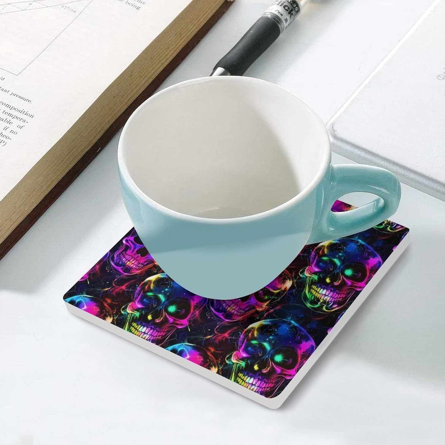 Colorful Glowing Skull Funny Ceramic Coasters for Drink Absorbent Cup Holders Tabletop Protection