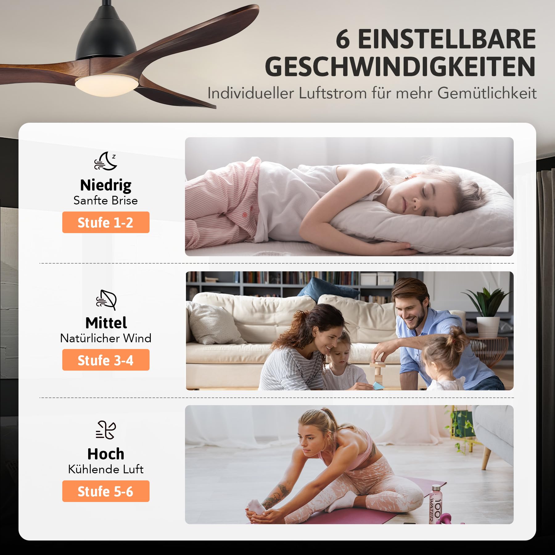 VONLUCE Deckenventilator mit Beleuchtung und Fernbedienung, 132 cm, 3 Flügel, leiser 6-stg. DC-Motor mit rev. Funktion & Timer, für Schlafzimmer, Wohnzimmer, Büro, Terrasse, Walnuss