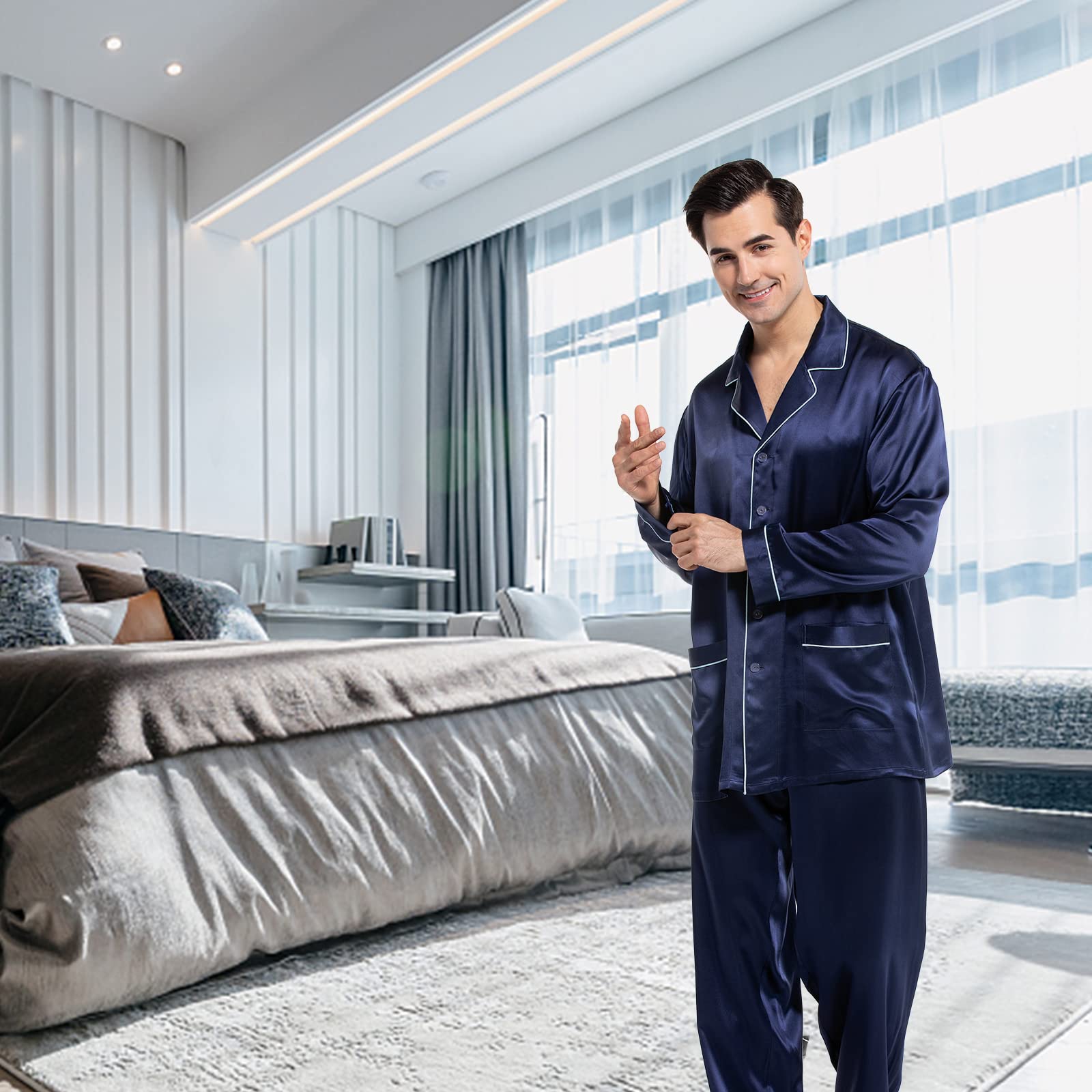 Cold POSH Men's Silk Pajamas Set Long Sleeve 2PC Luxury Silk Sleepwear Button-Down PJ Set