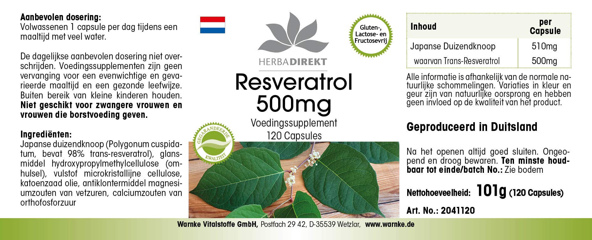 Resveratrolo 500mg - altamente dosato - vegan - 120 capsule - | HERBADIREKT by Warnke Vitalstoffe - Qualità da farmacia tedesca
