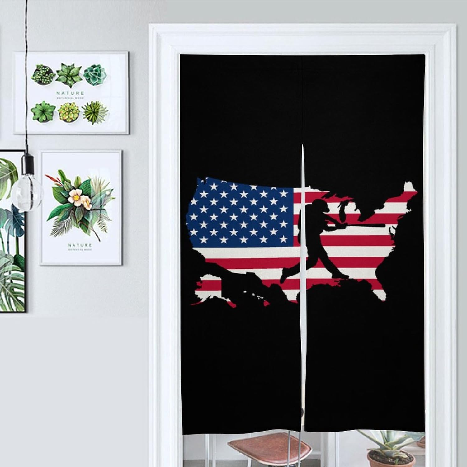 U.S.A Map Flag Baseball Player Fashion Door Curtains WC Partition Curtain for Kitchen Store 57×17 Inches