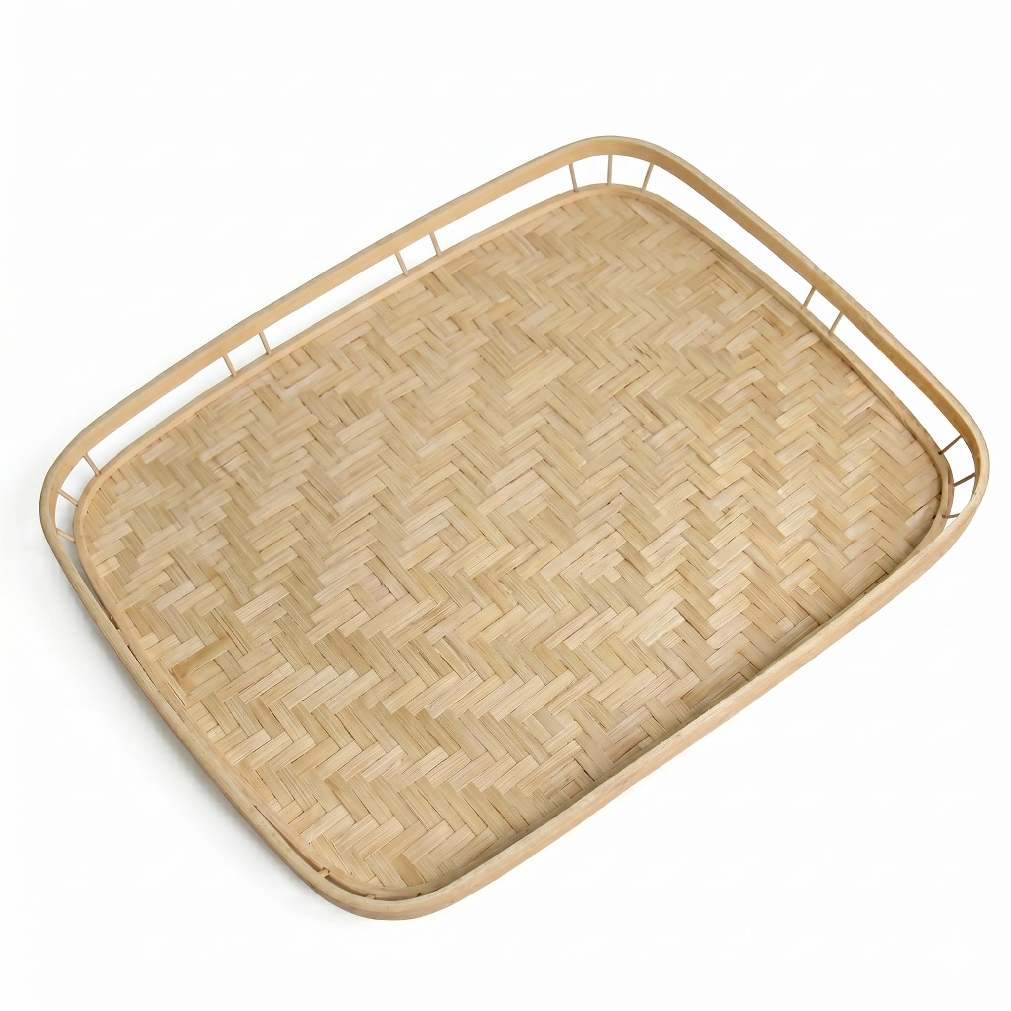 PEMAR Bandejas de mimbre para servir con asas, bandejas rectangulares tejidas a mano, bandejas de bambú para dormitorio, bandejas de cabina para alimentos y bebidas. Bandejas decorativas para mesas de